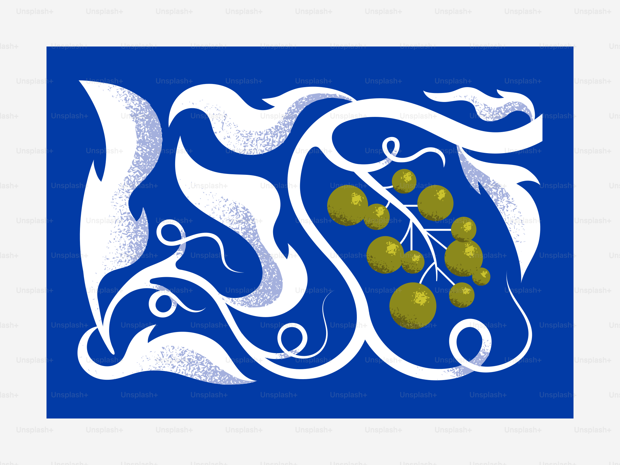Abstract white floral design with green berries on blue
