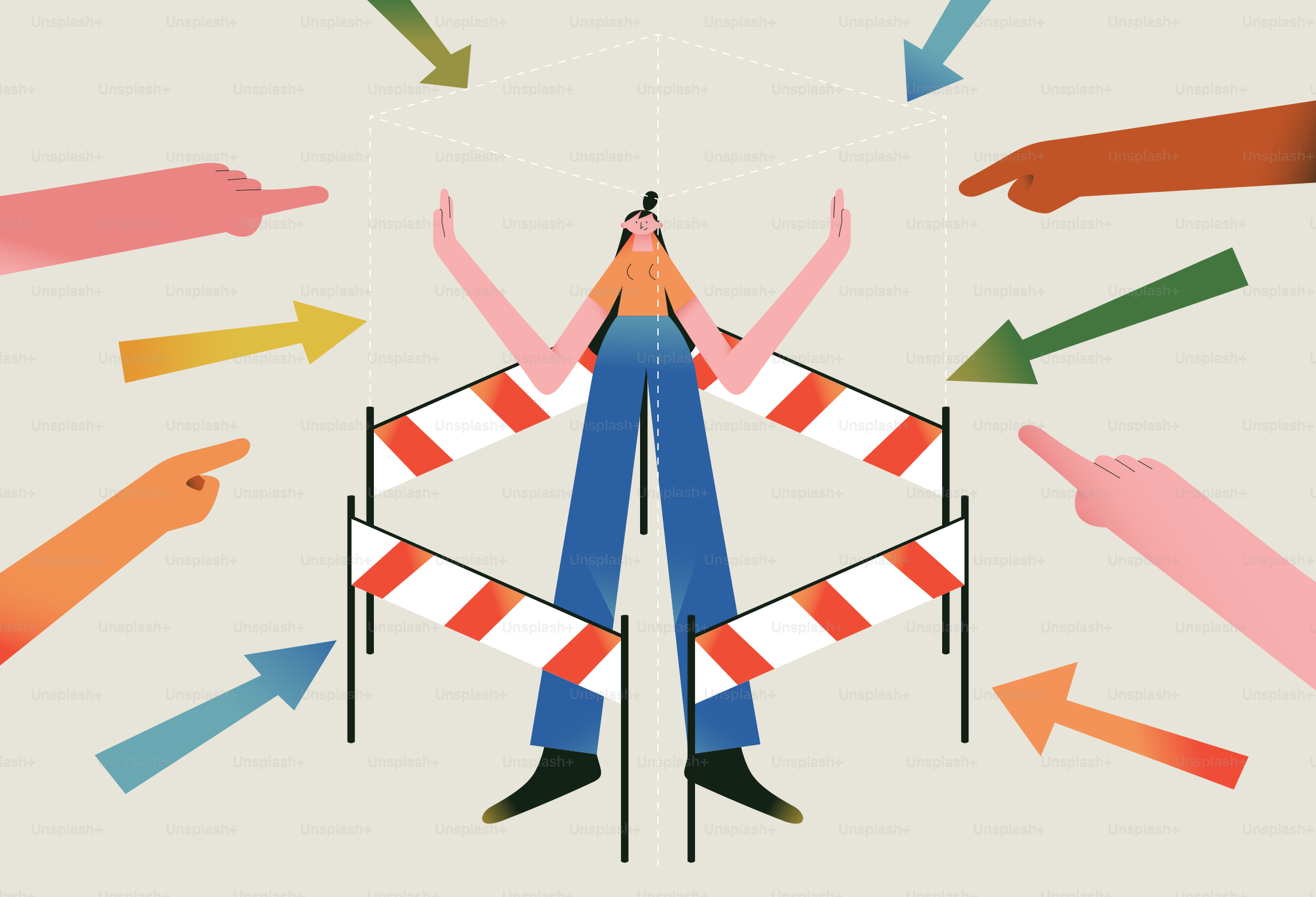 Persona rodeada de dedos señalando y flechas.