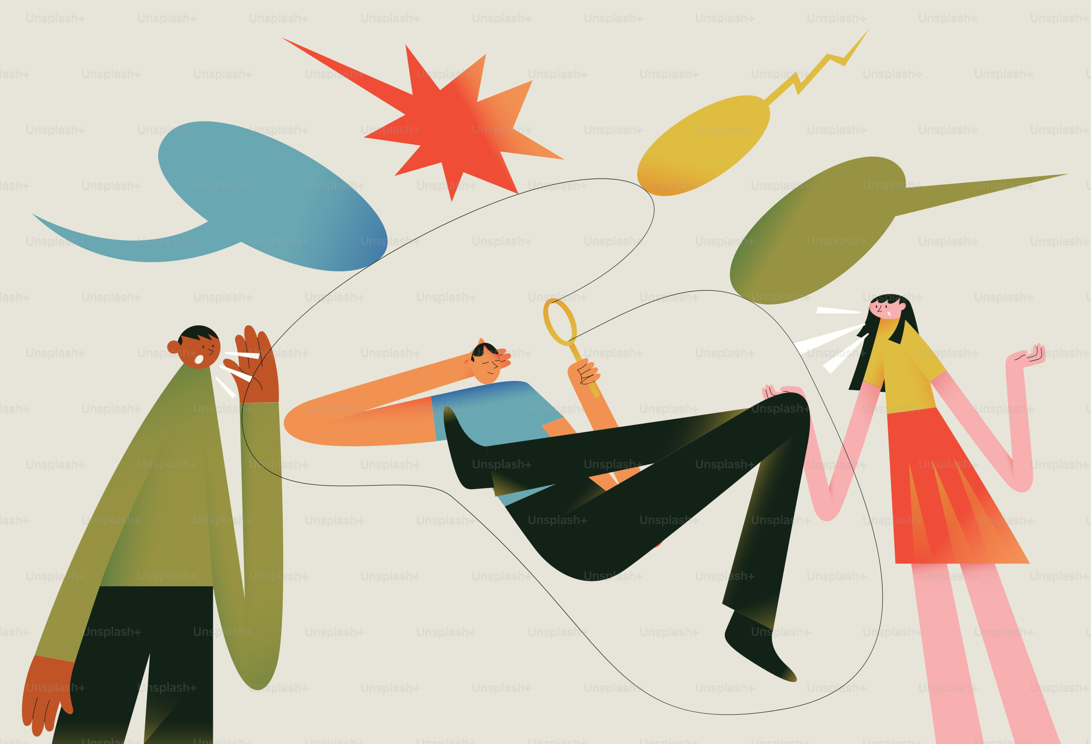 Personas comunicándose con globos de diálogo y formas abstractas.