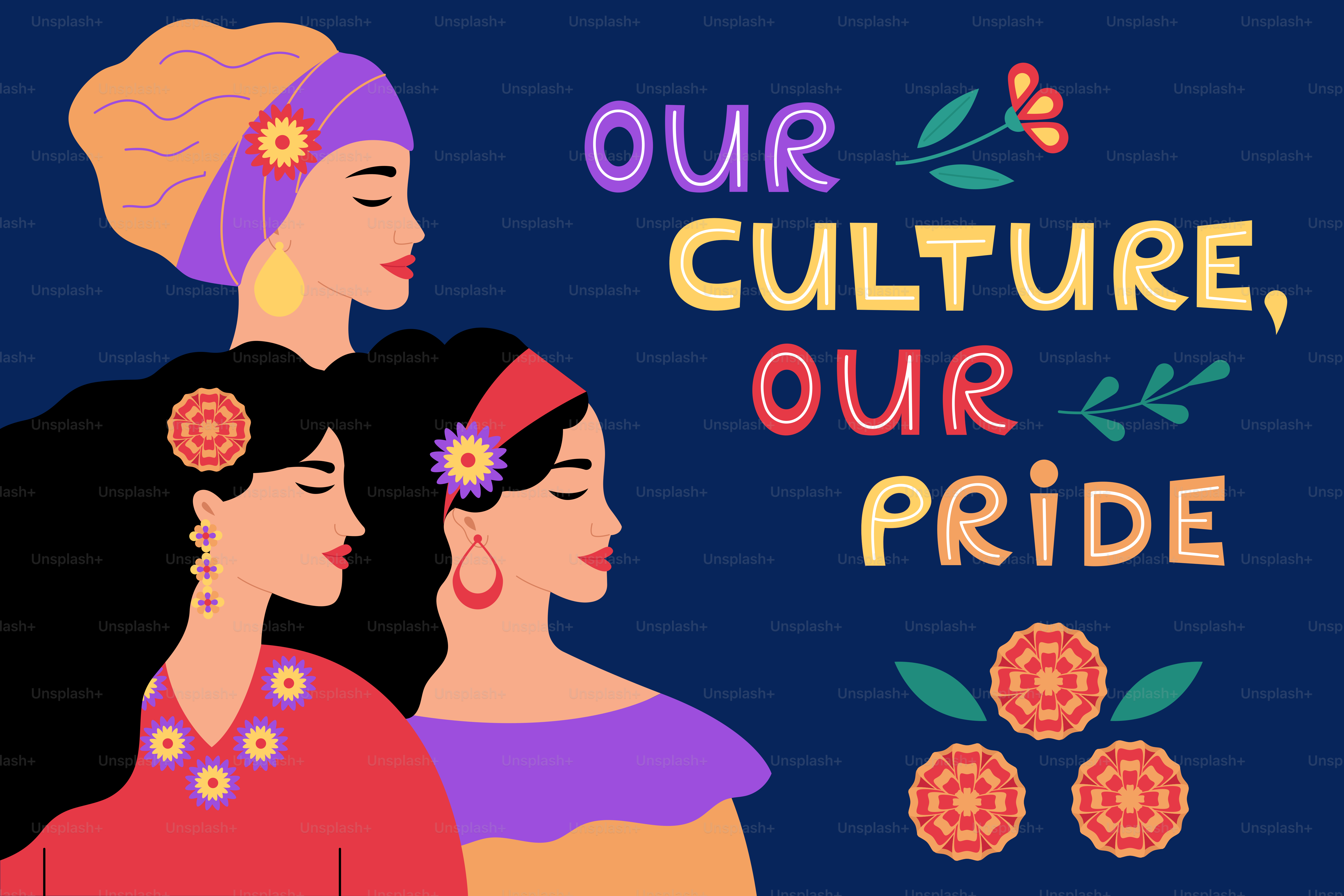 Trois femmes avec un texte « notre culture, notre fierté »