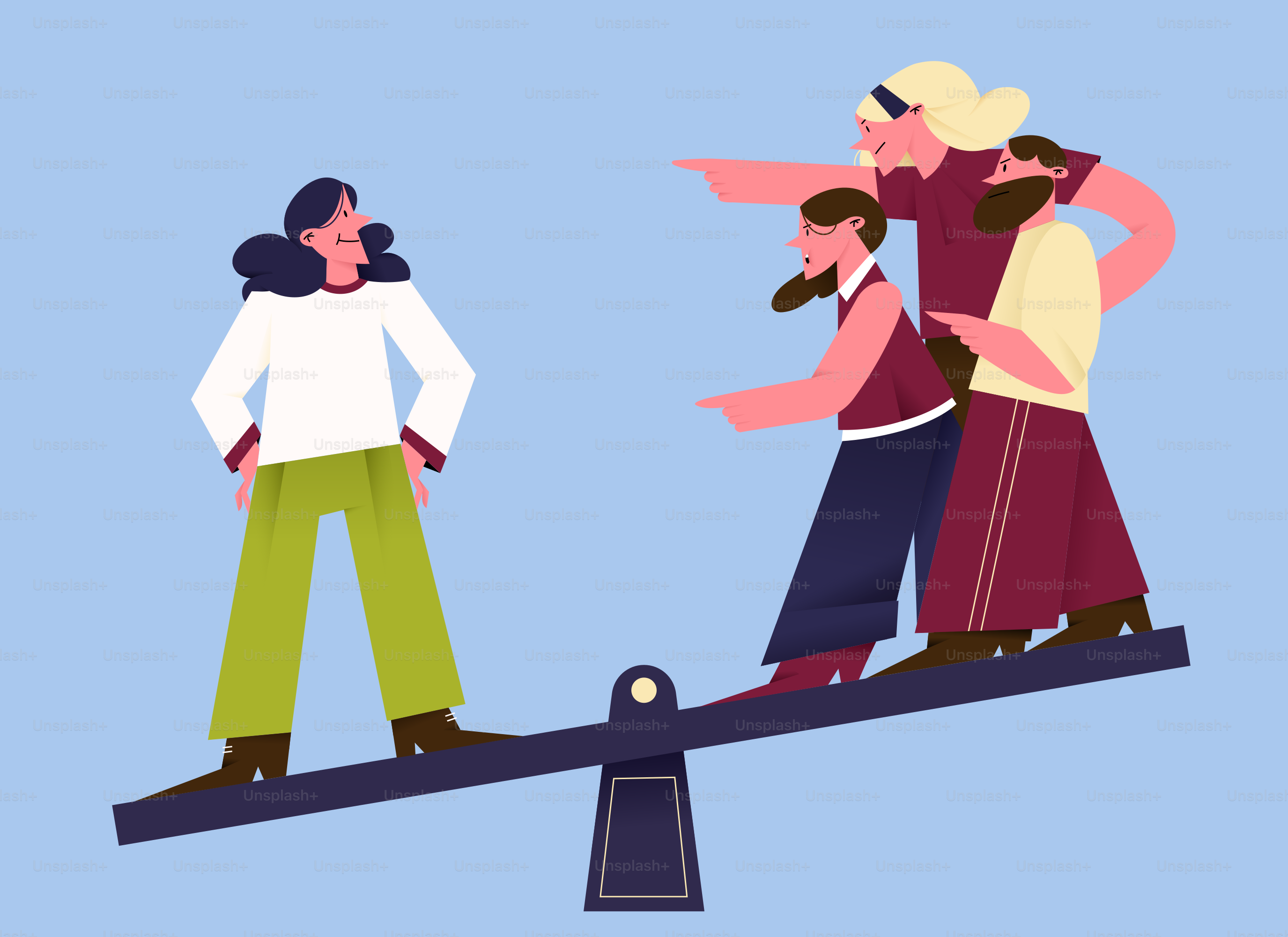 One person on a seesaw against three people.