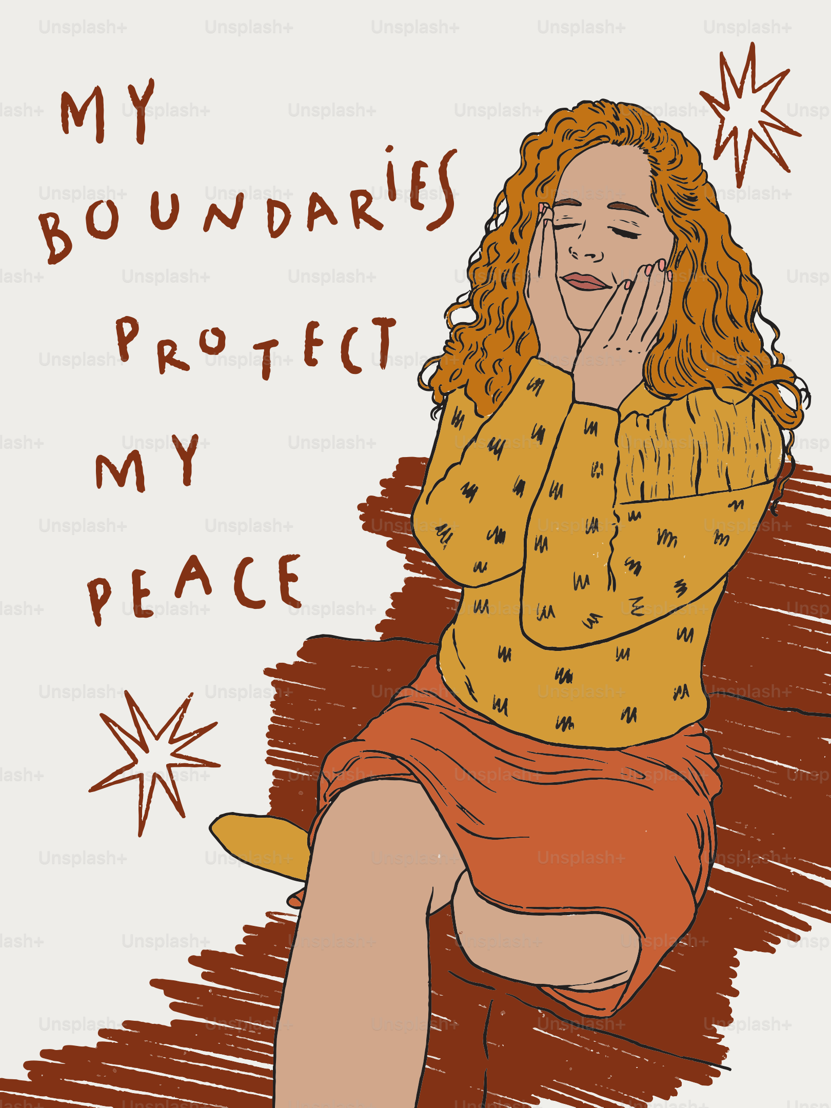Woman with red hair, hands on face, text about boundaries.