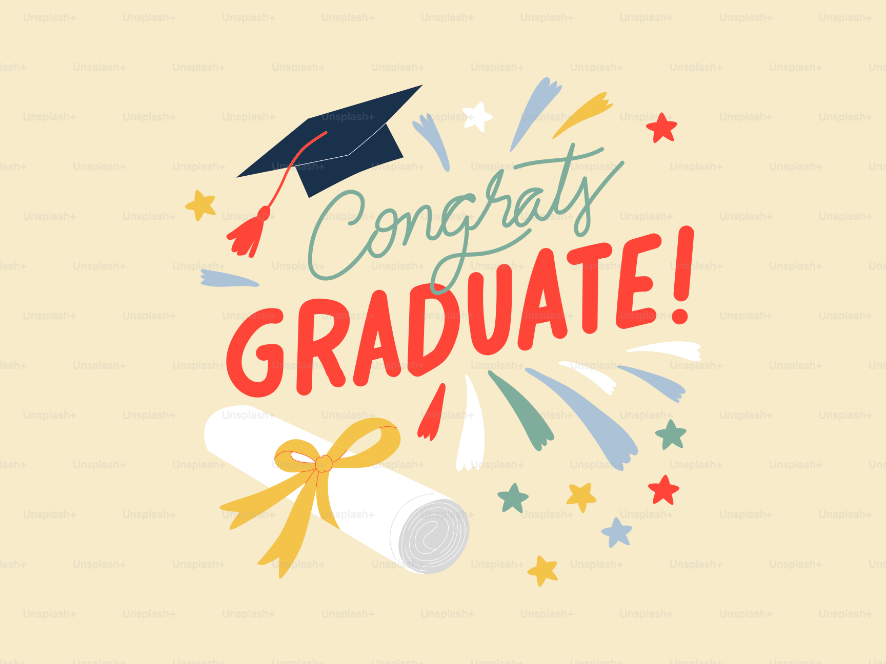 Graduation cap, diploma, and confetti with text.