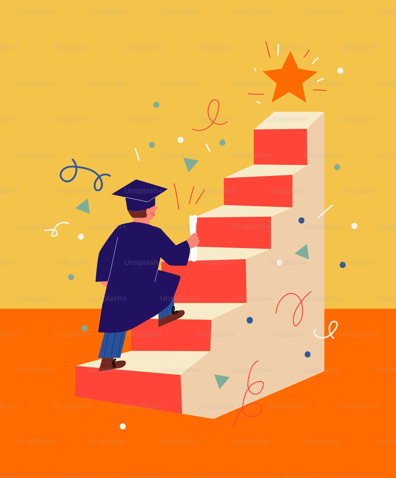 Graduado sube escaleras hacia una estrella