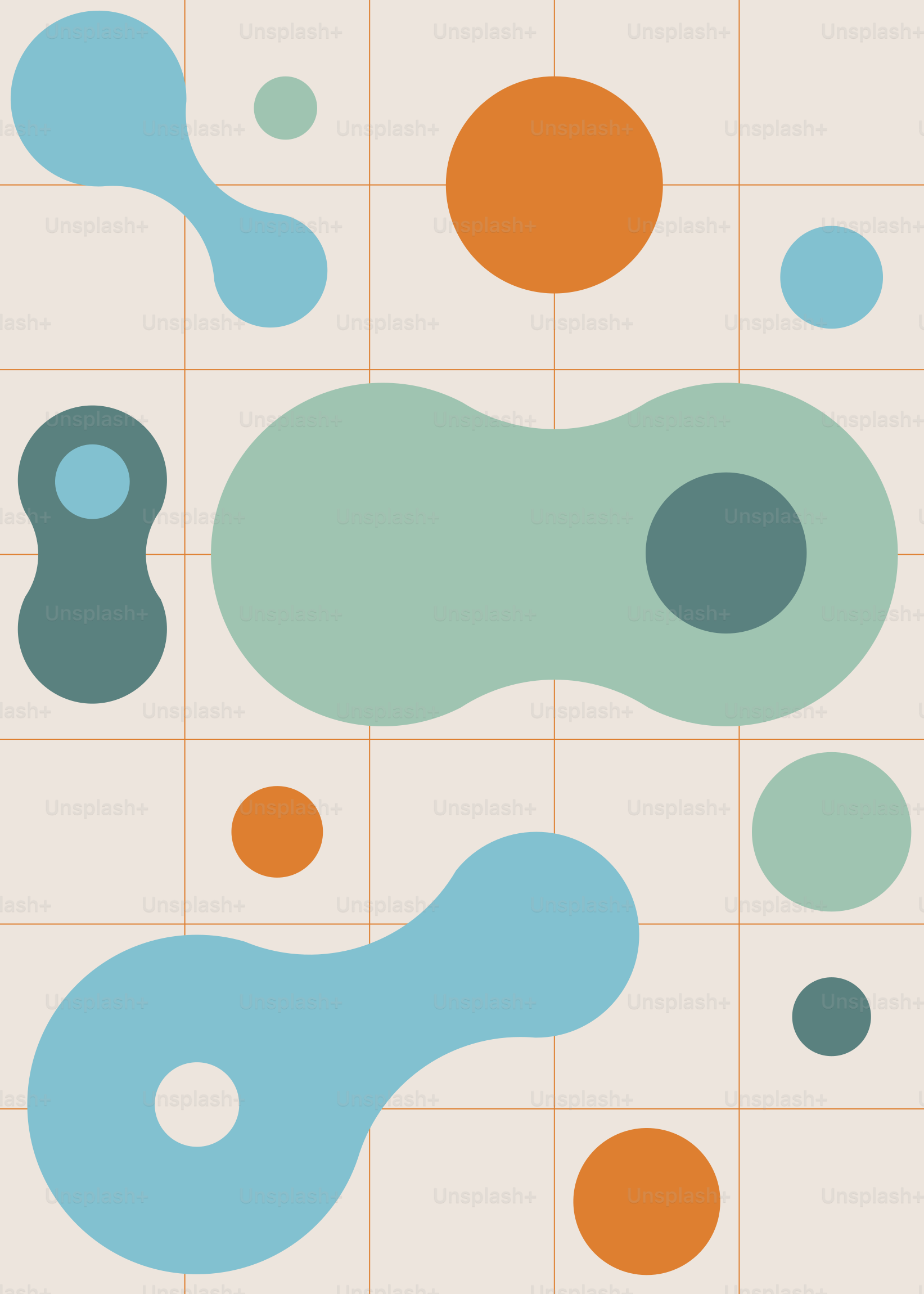 Abstract shapes and circles on a grid background.