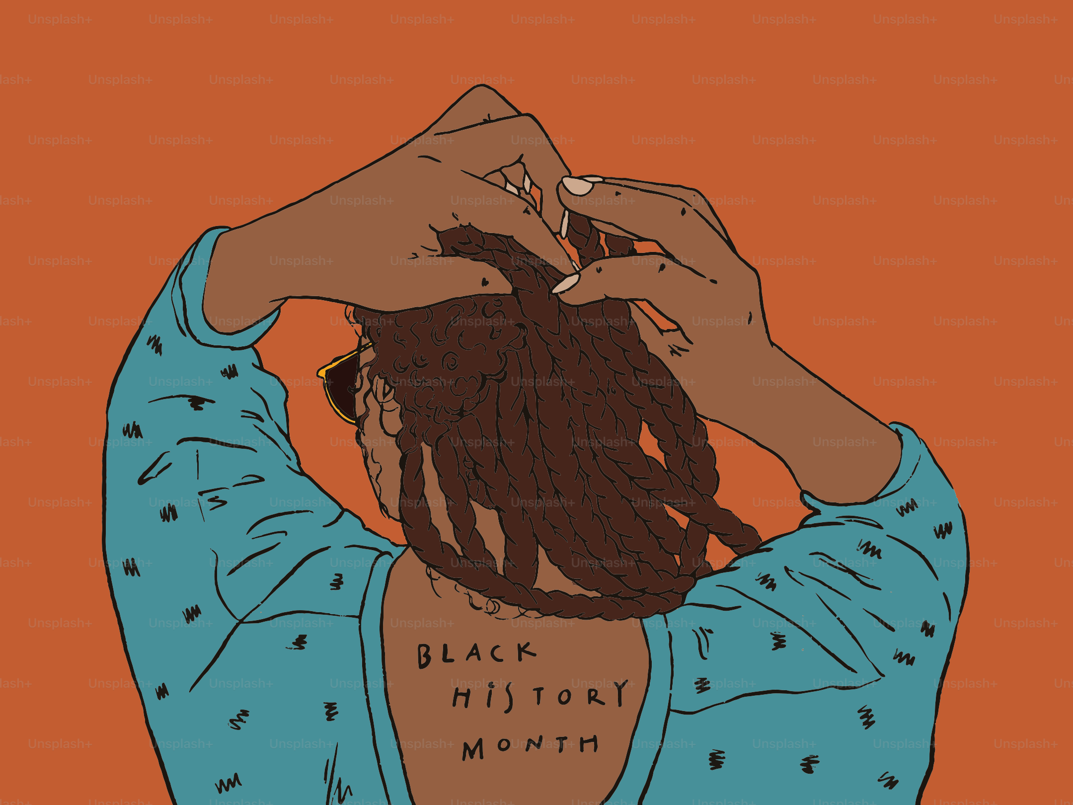 Frau frisiert ihr geflochtenes Haar mit dem Text "Black History Month".
