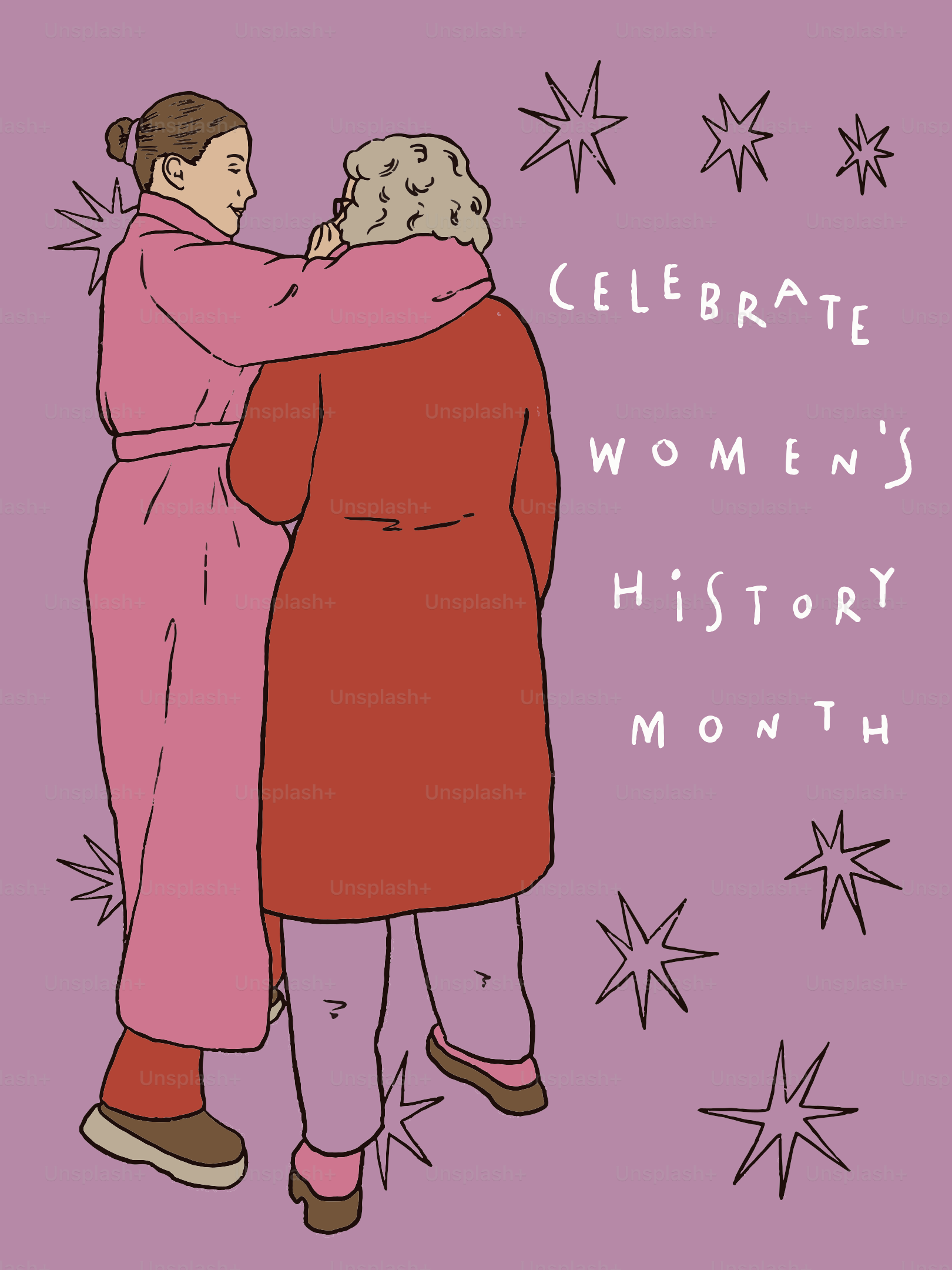 Two women embrace to celebrate women's history month.