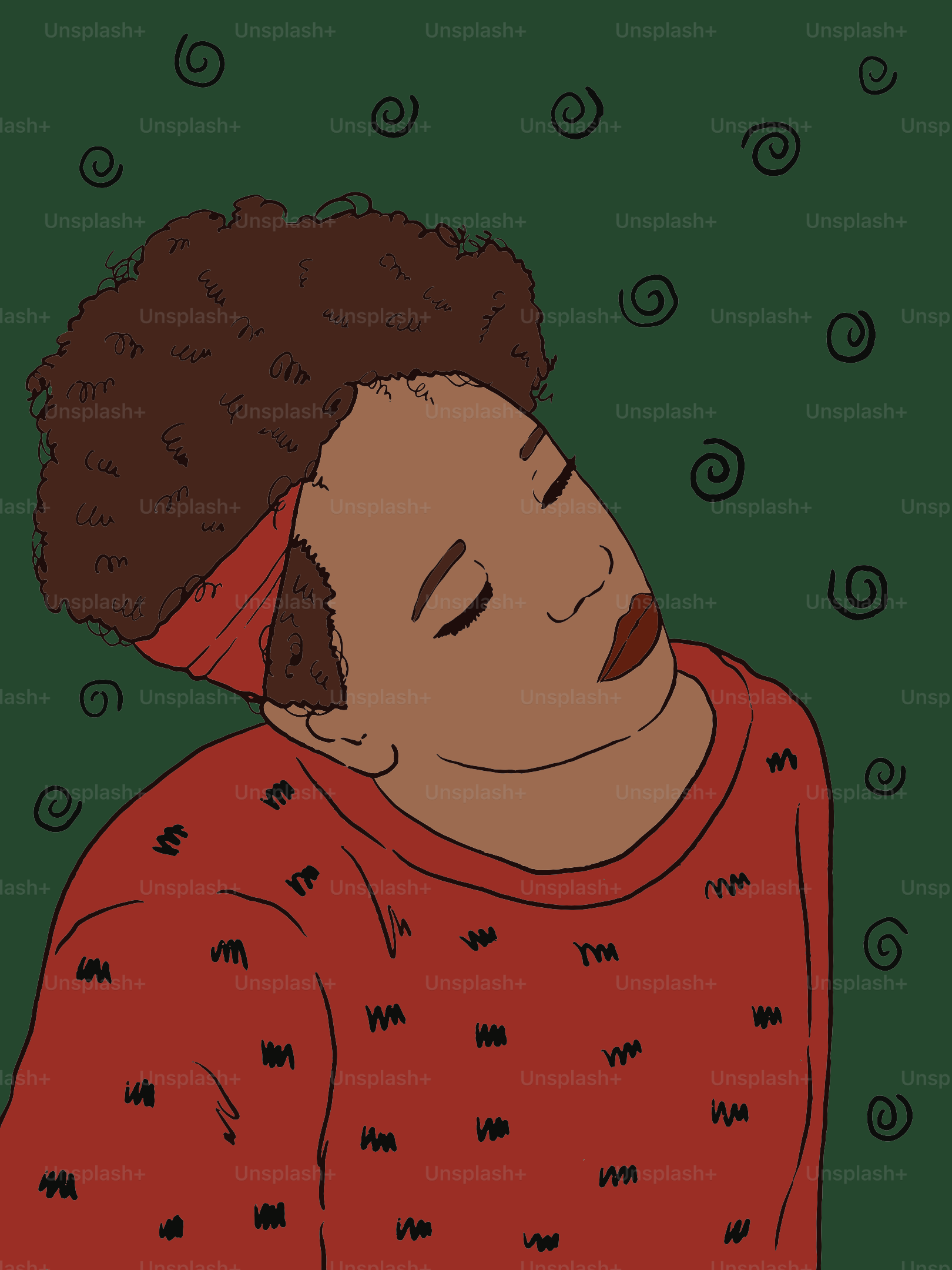 Eine Frau mit lockigem Haar, die ein rotes Hemd trägt.