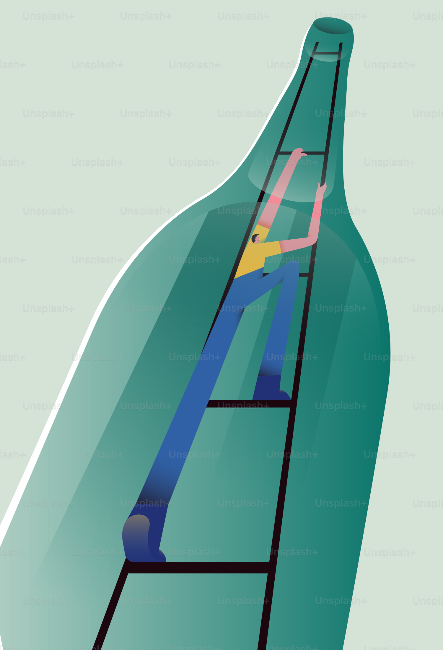 Persona subiendo por una escalera dentro de una botella