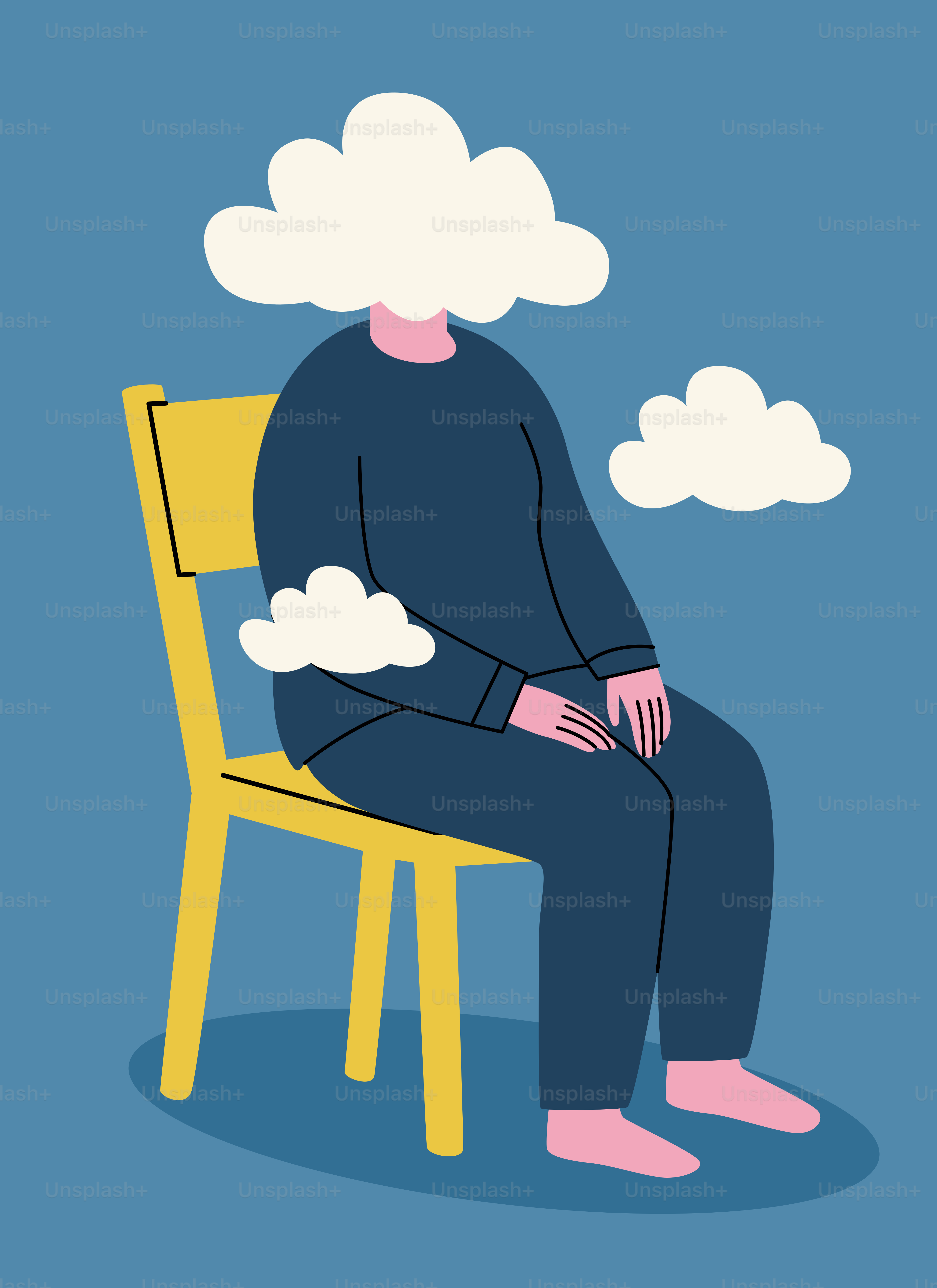 머리가 구름 모양인 사람이 의자에 앉아 있다.