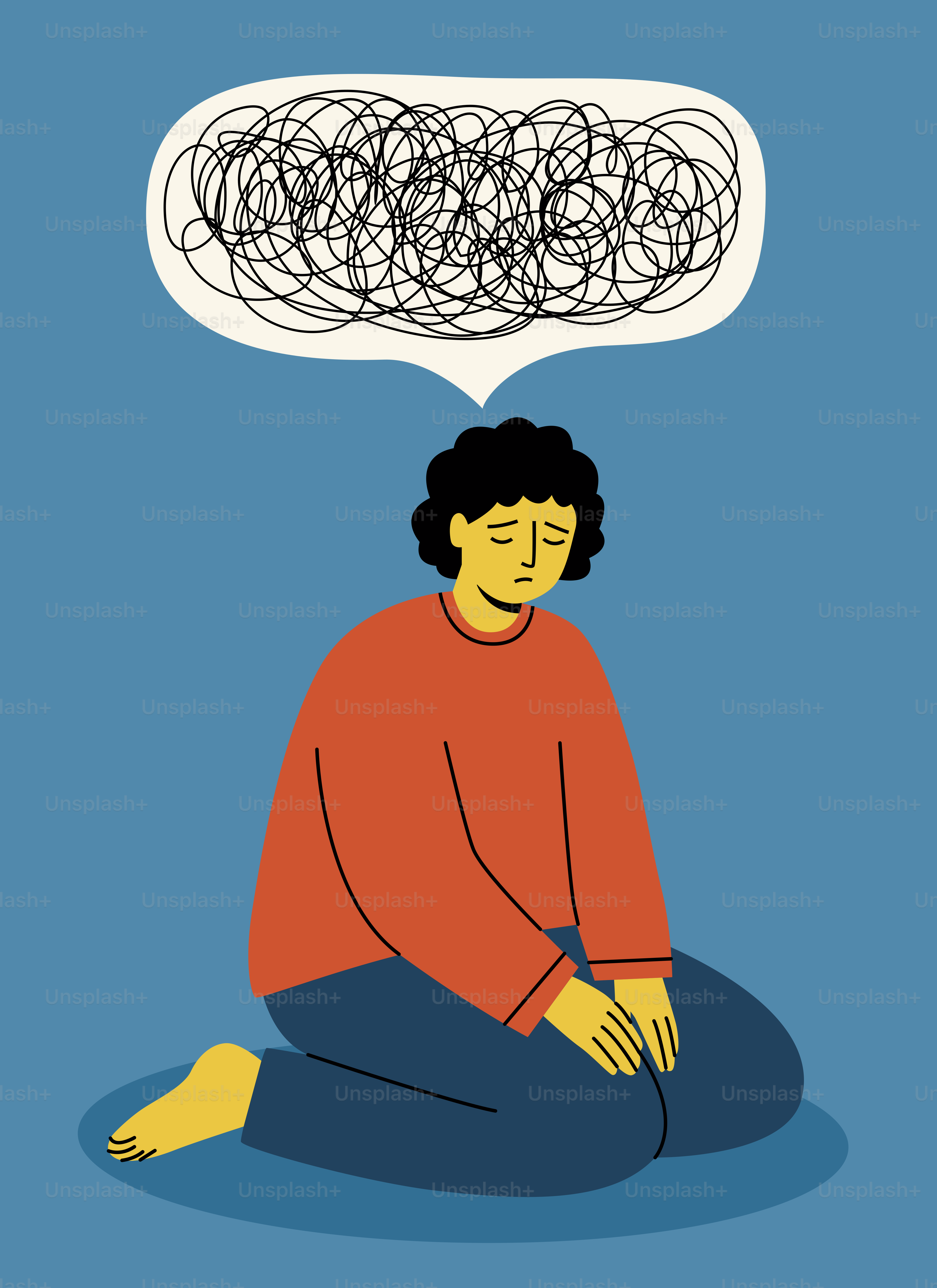 말풍선 속에 복잡한 생각을 가진 사람.