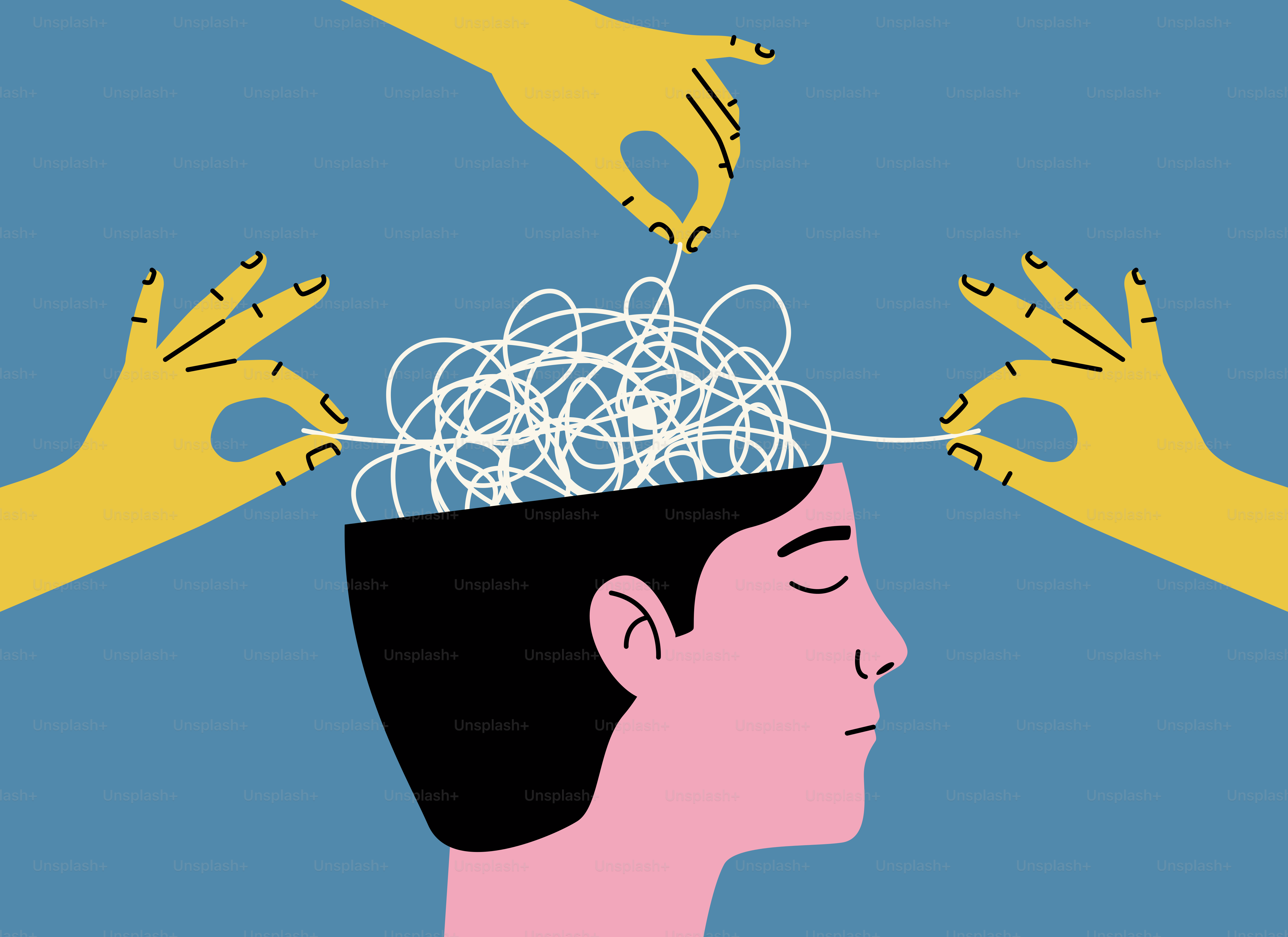 사람의 머릿속에 얽힌 복잡한 생각을 풀어주는 손.