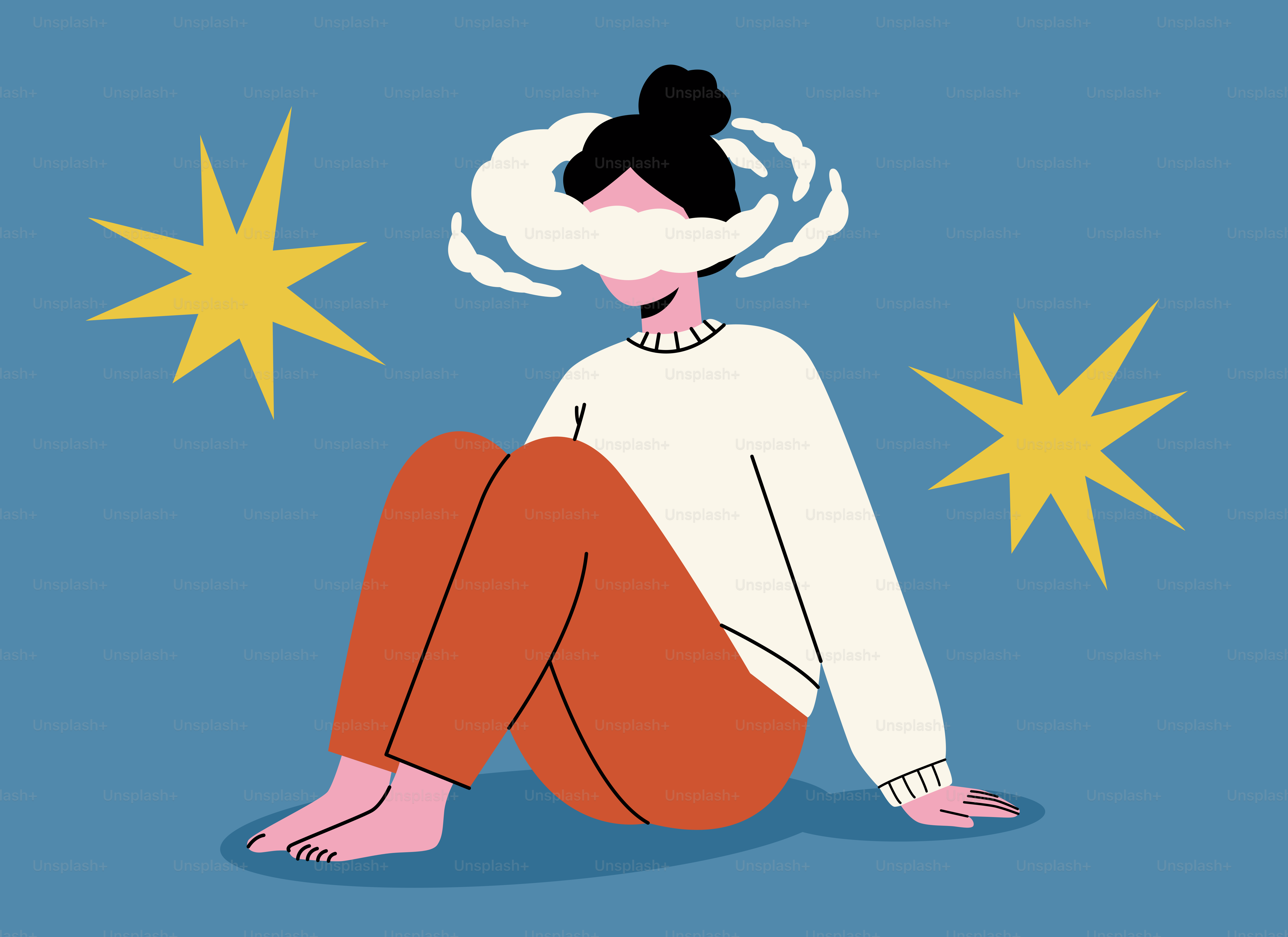 구름이 소용돌이치는 눈을 가린 채 앉아 있는 여성.