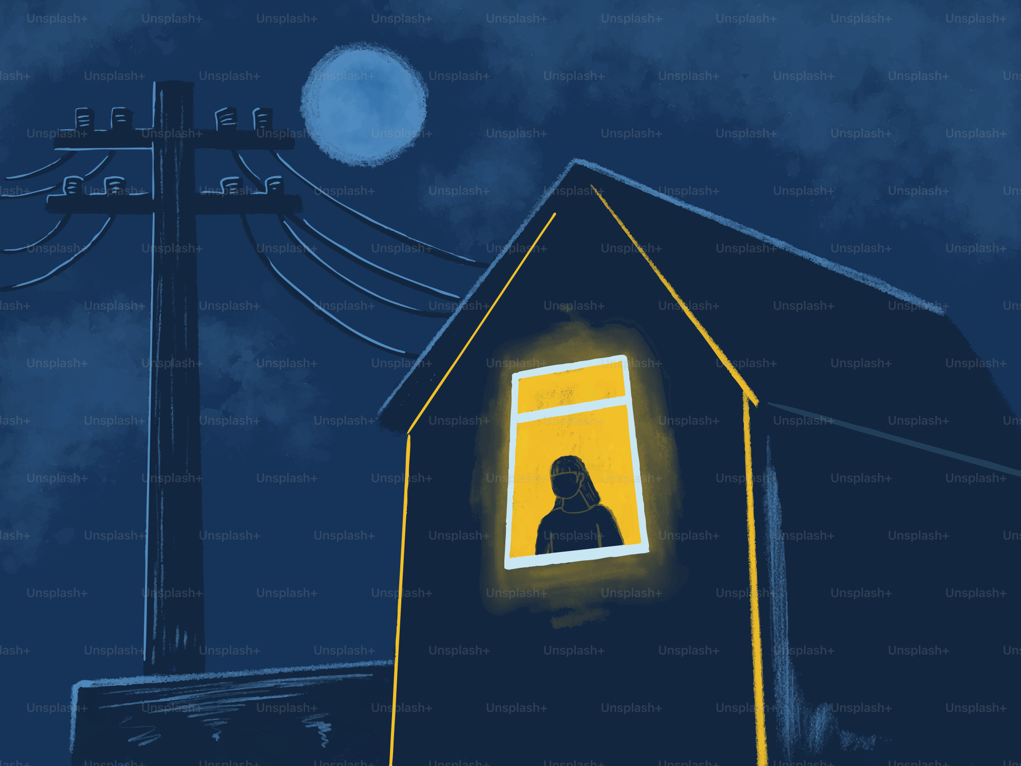 Una figura solitaria illuminata da una finestra di notte.