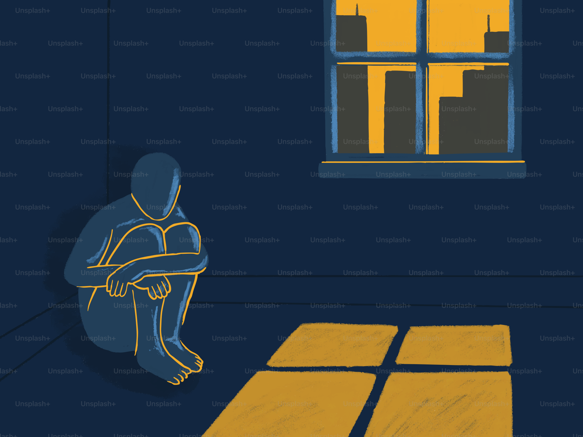 Una figura solitaria rannicchiata in una stanza buia di notte.