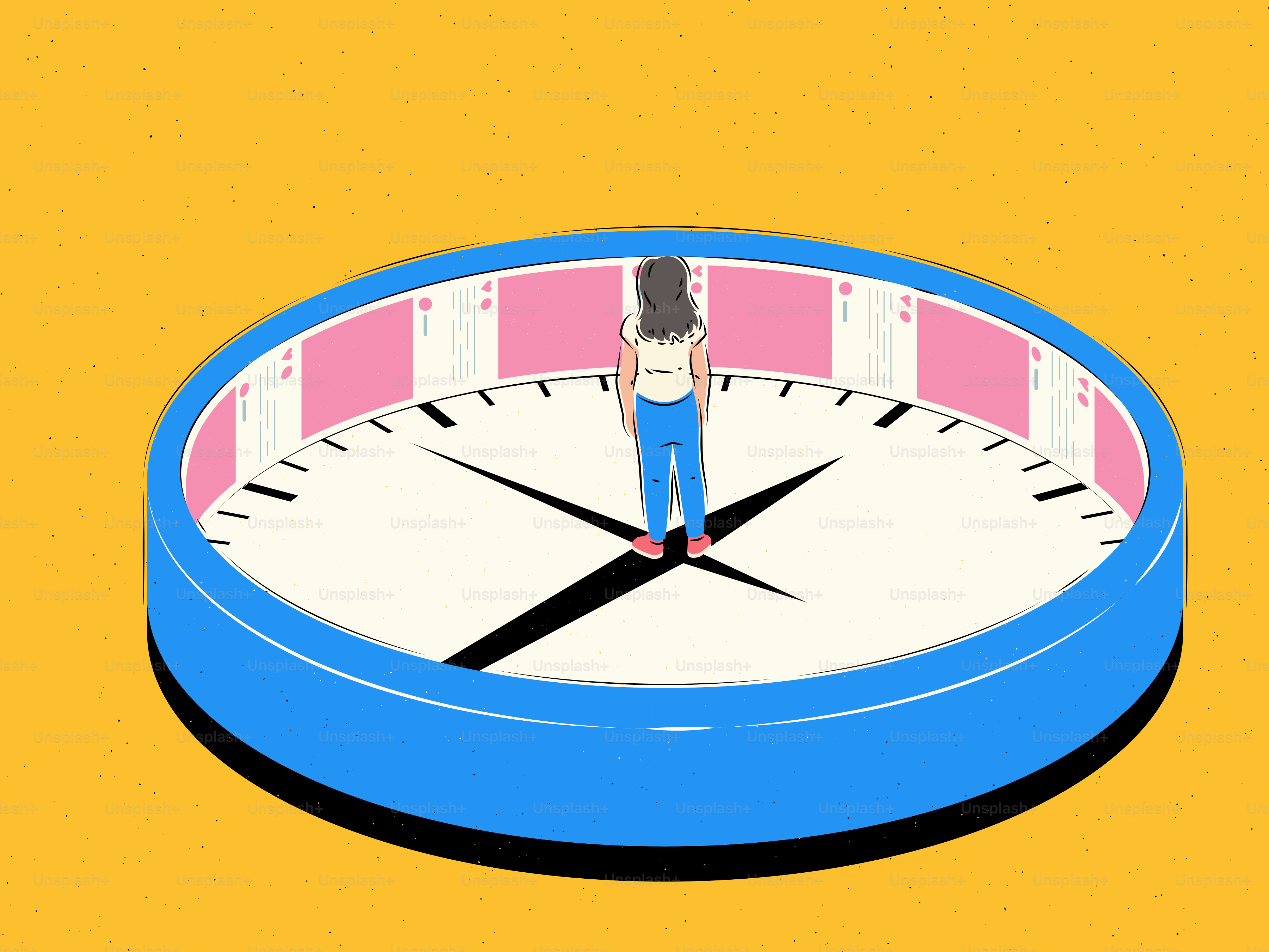 여성이 큰 시계판 안에 서 있다