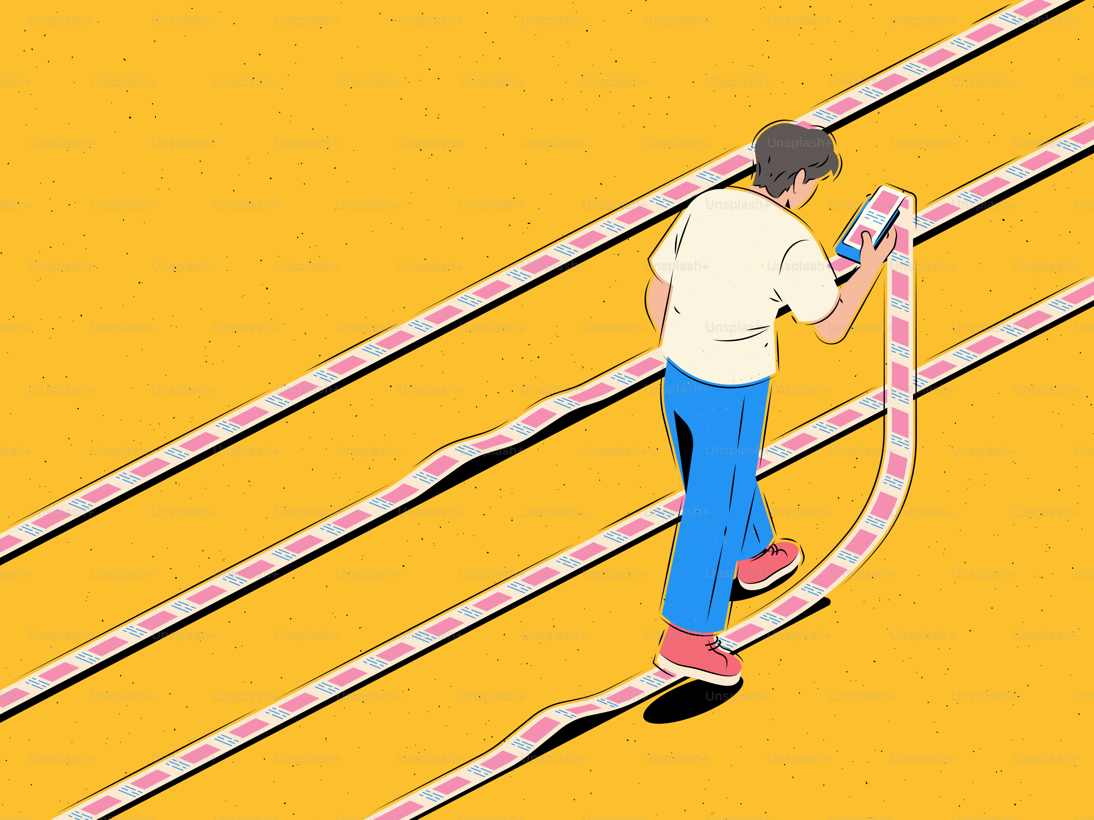 노란 배경에 긴 영수증 위를 걷는 남자