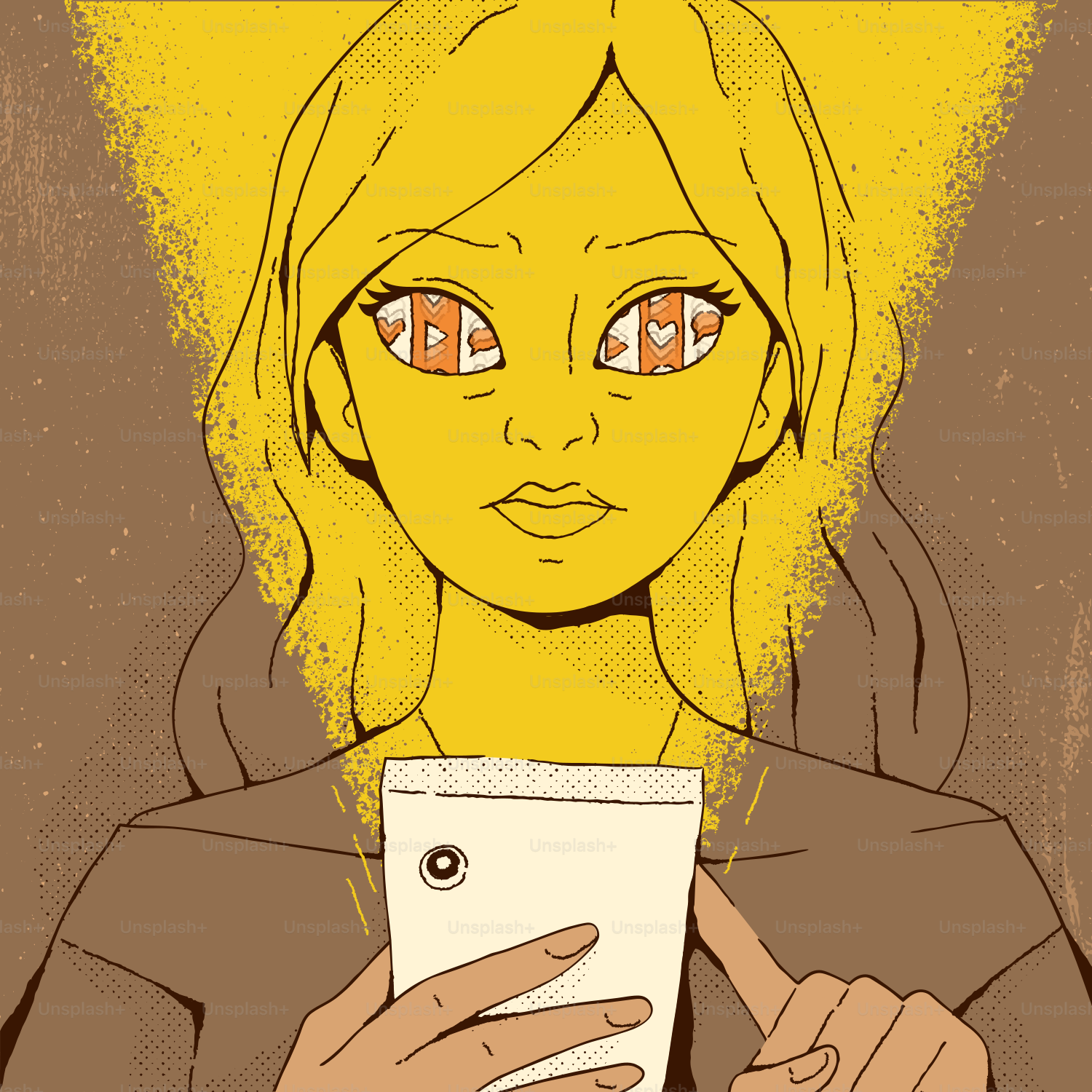 Woman engrossed in her phone with heart icons in eyes.