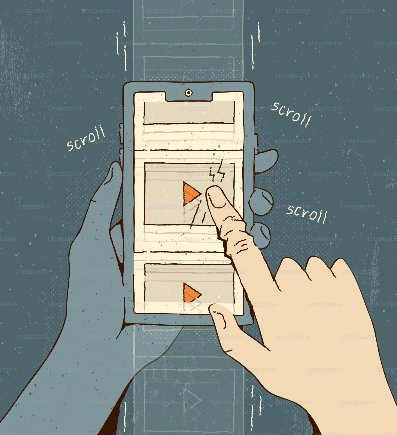 Hands scrolling through a mobile phone interface.