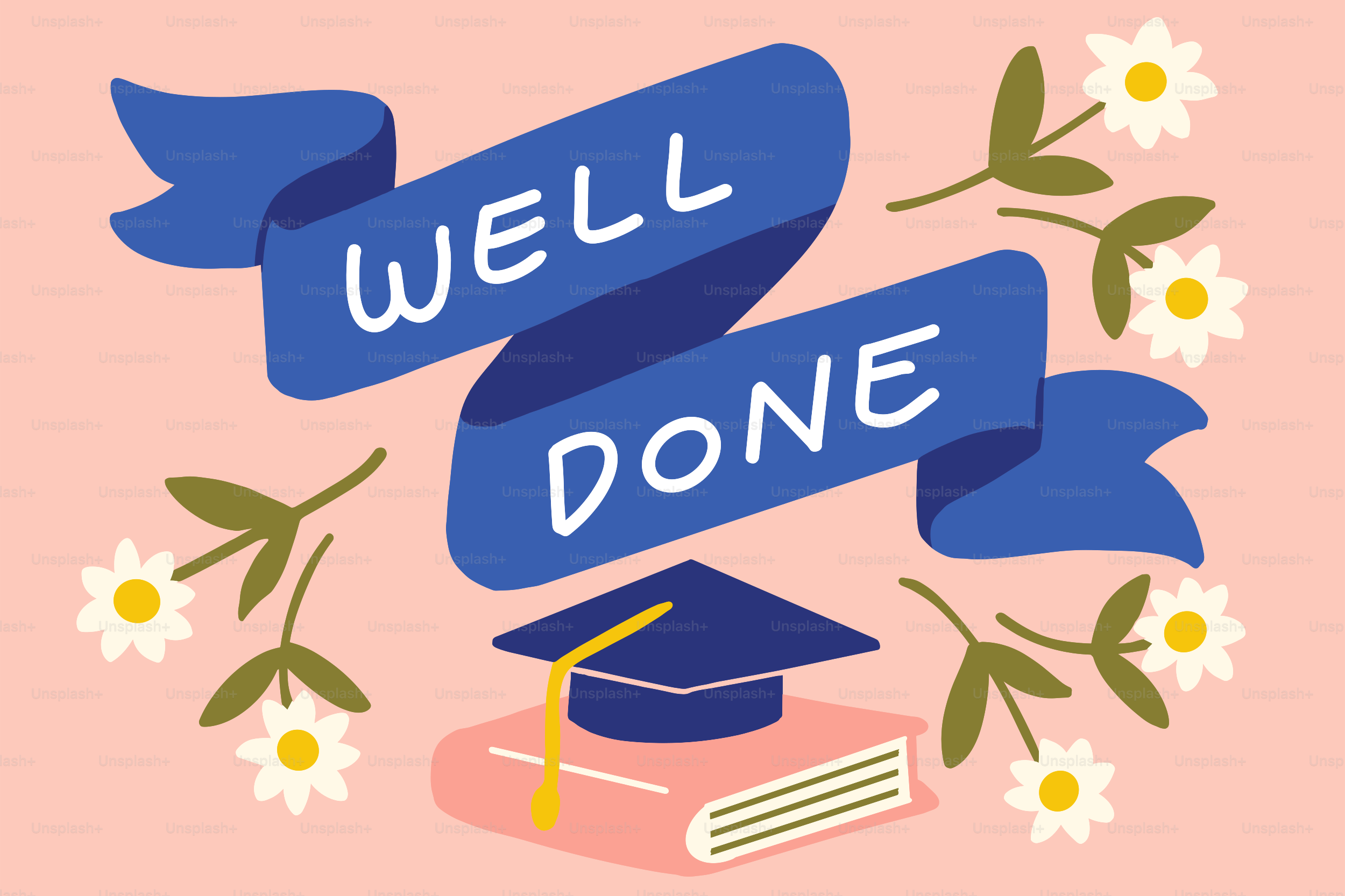 Topi kelulusan pada buku dengan spanduk yang dilakukan dengan baik