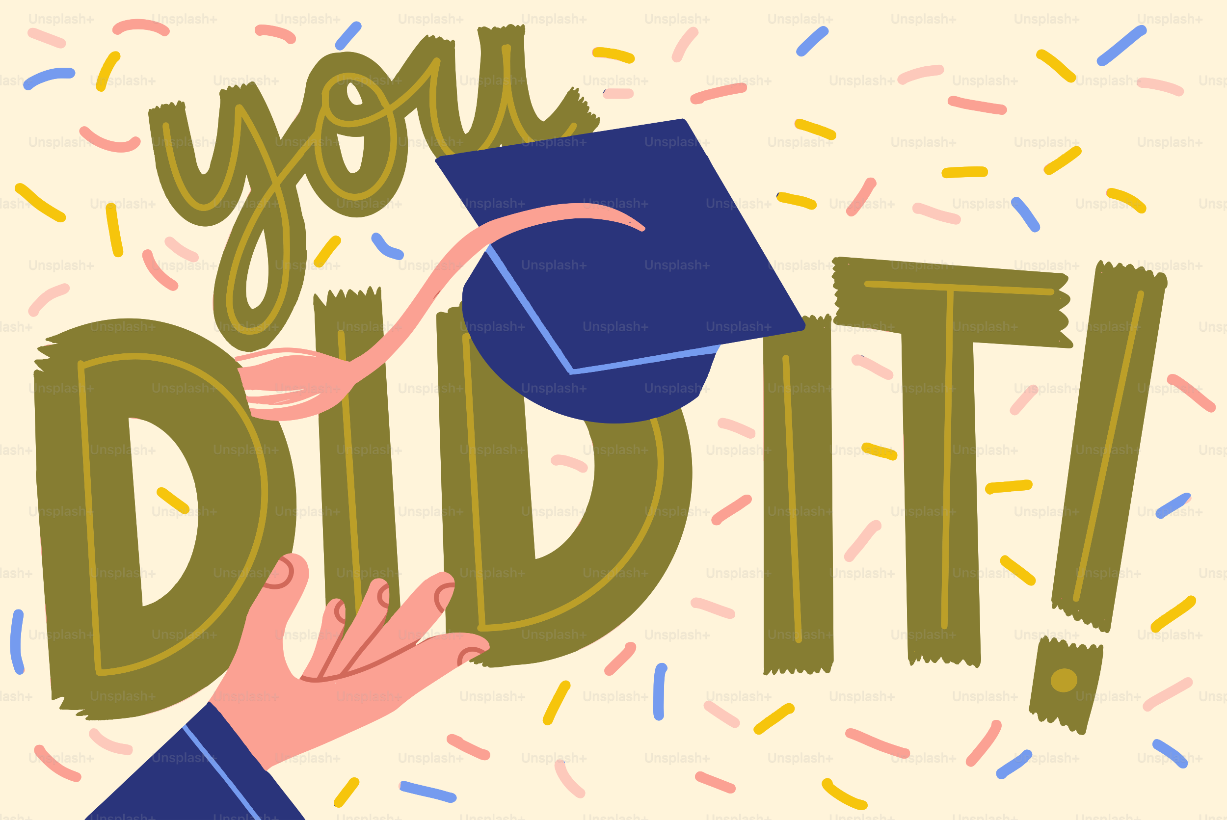 Topi kelulusan dilemparkan ke udara dengan confetti