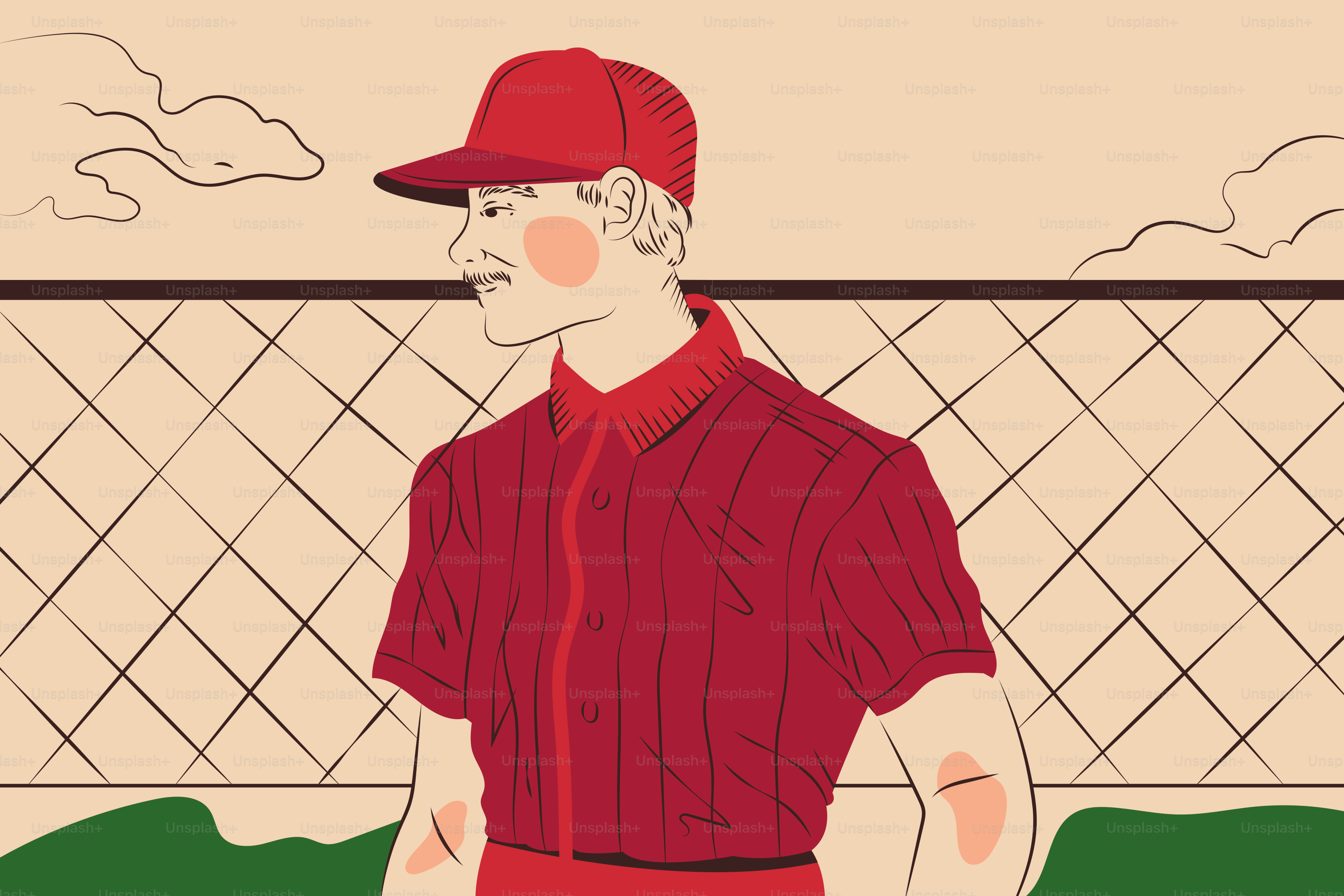 빨간 야구 유니폼을 입은 남자가 울타리 근처에 서 있다.