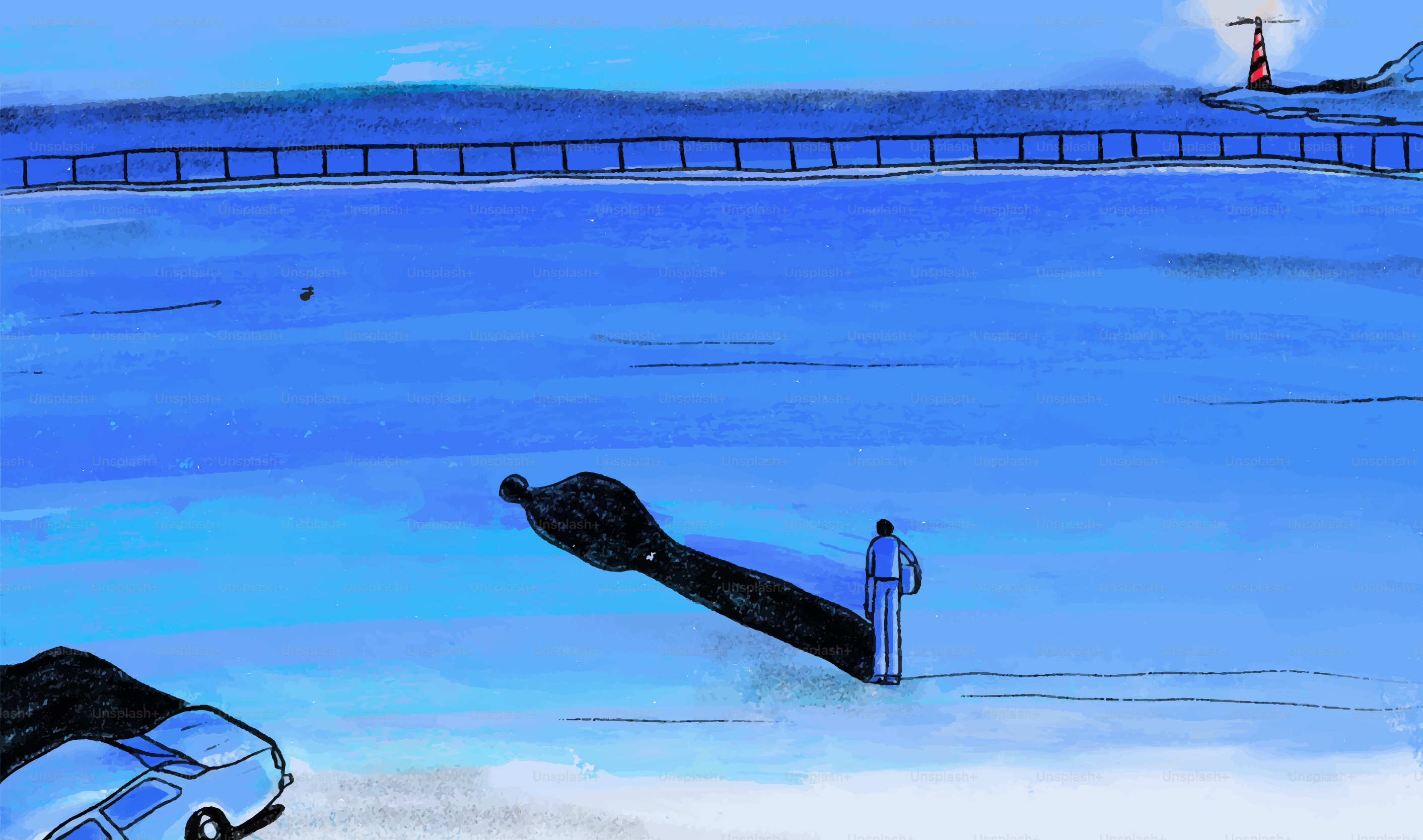 Man and long shadow on a blue airport tarmac