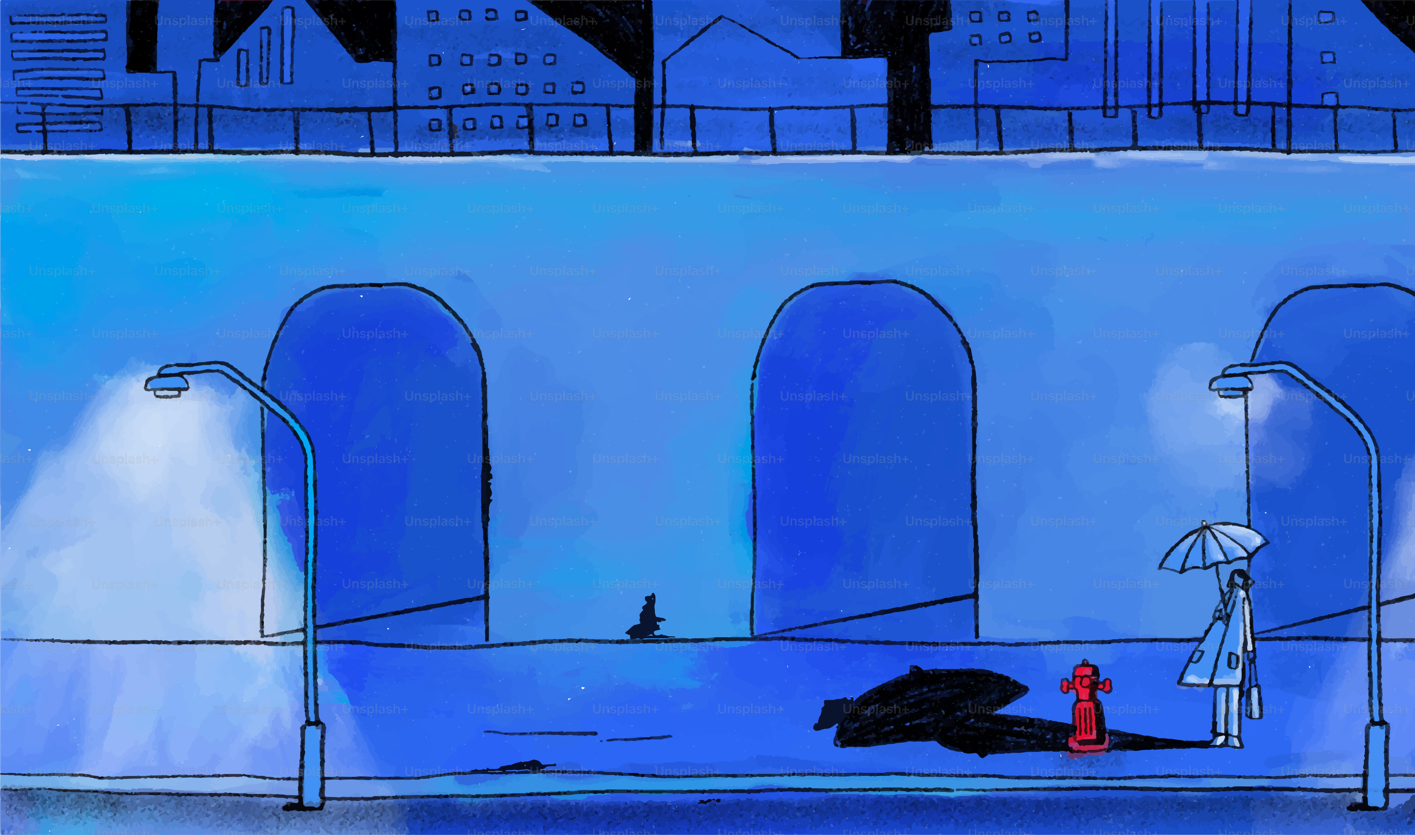 傘を持った一人の人物が雨の中を歩いている。