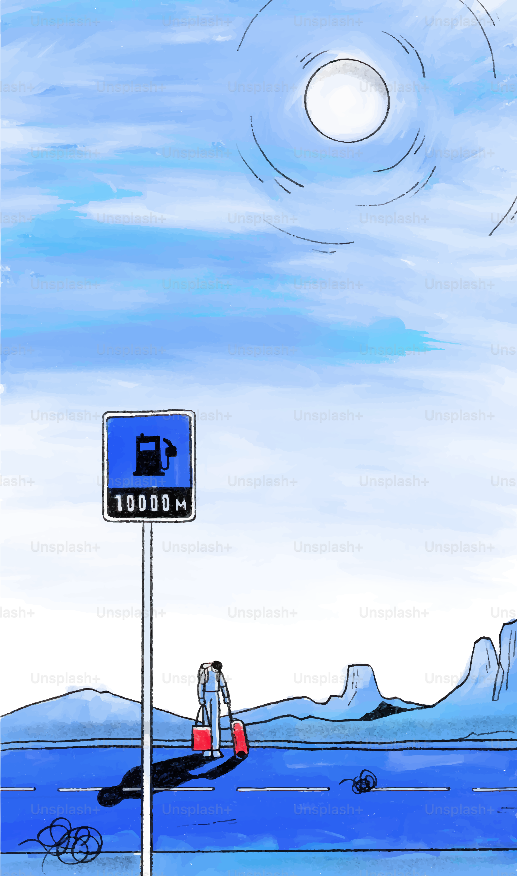 Man with luggage walks past gas station sign on road