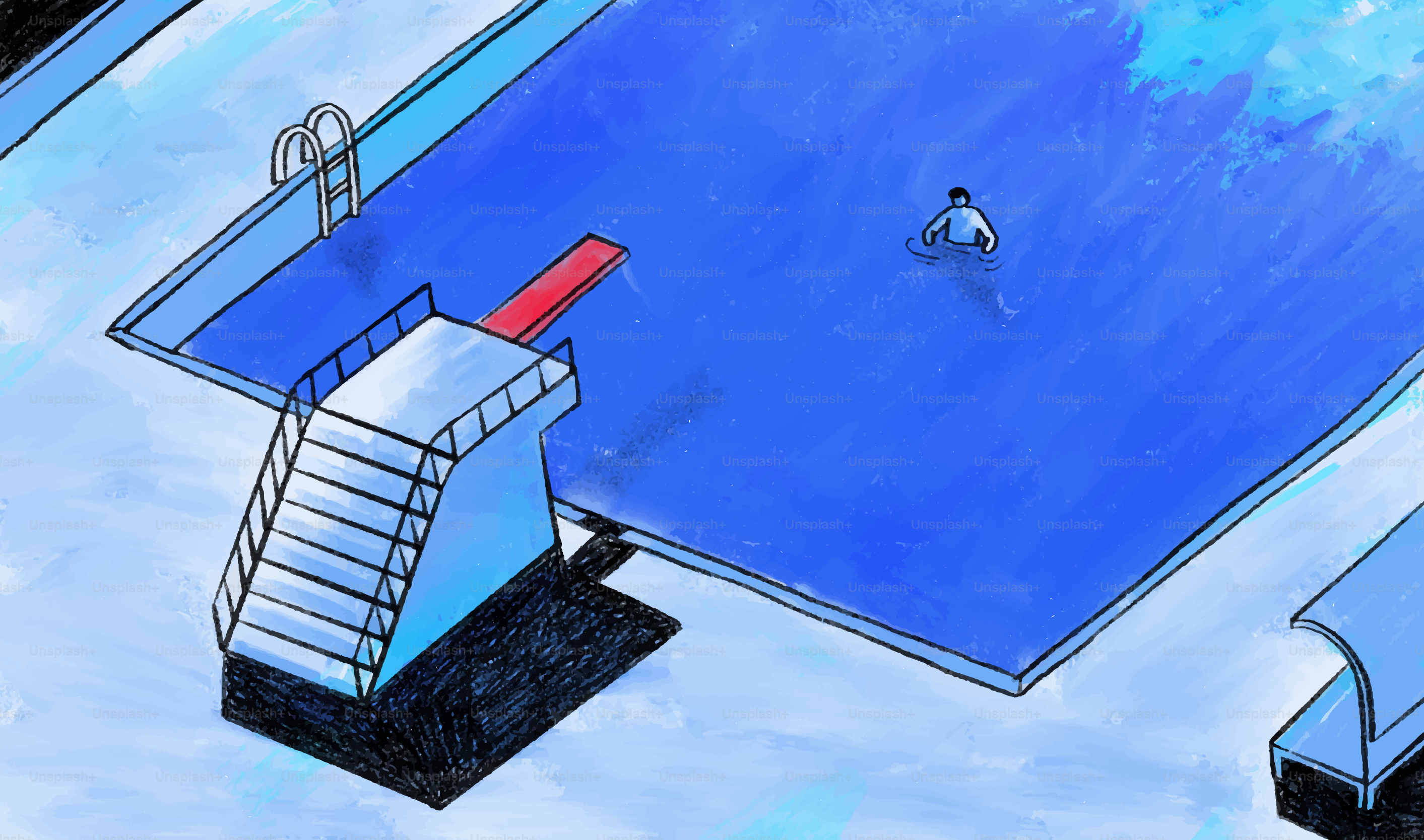 A person swims in a bright blue swimming pool.