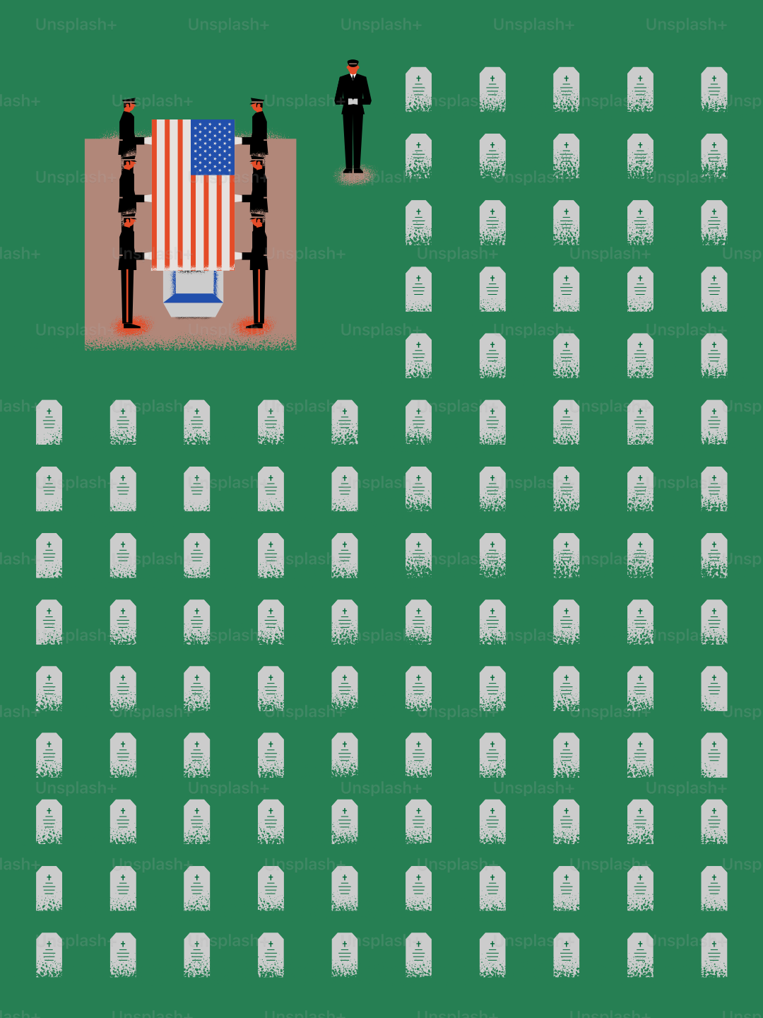 Pallbearers carry a flag-draped coffin at a cemetery.