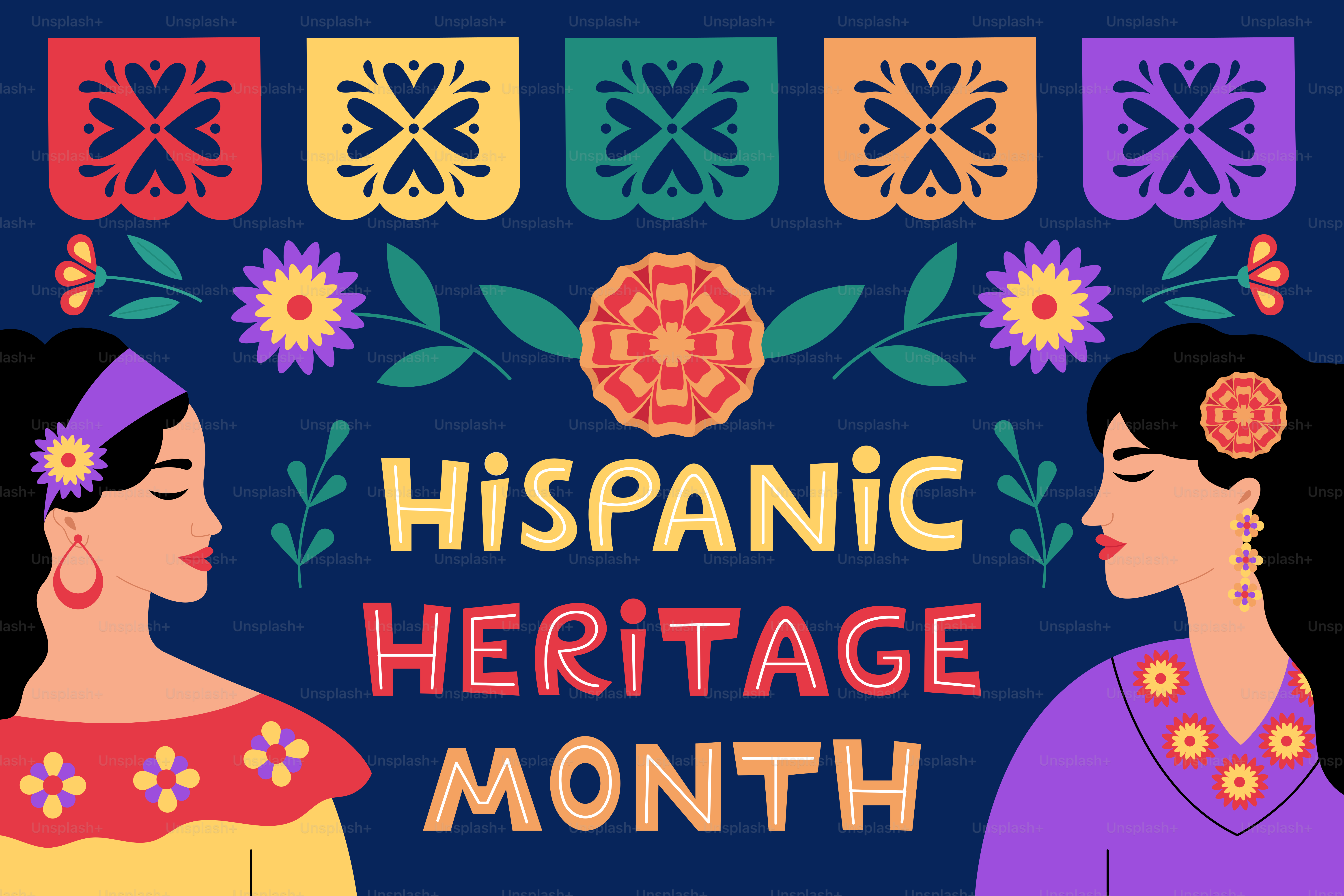 Mois du patrimoine hispanique avec des décorations colorées et des femmes.