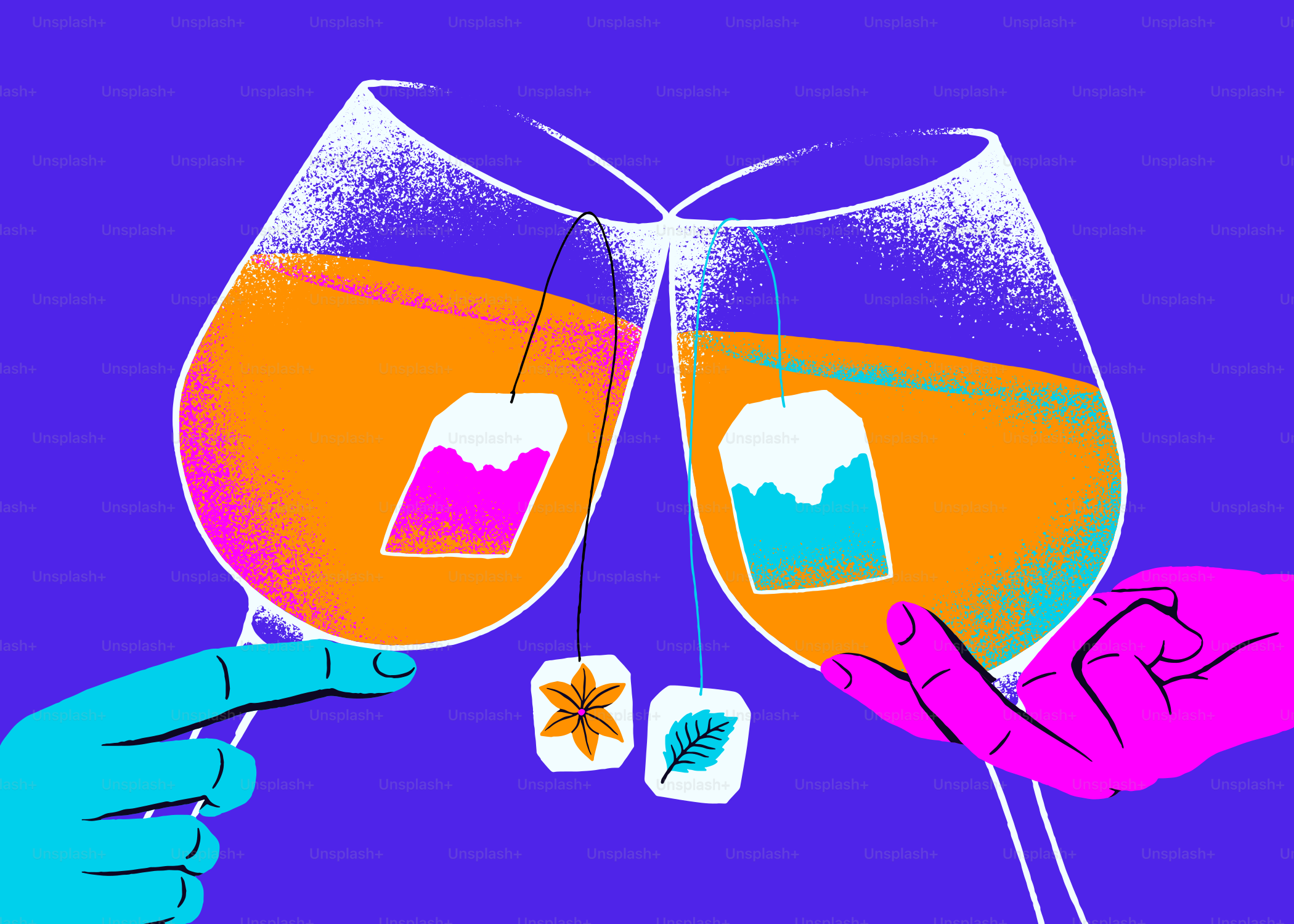 차 두 잔과 티백이 부딪히는 소리