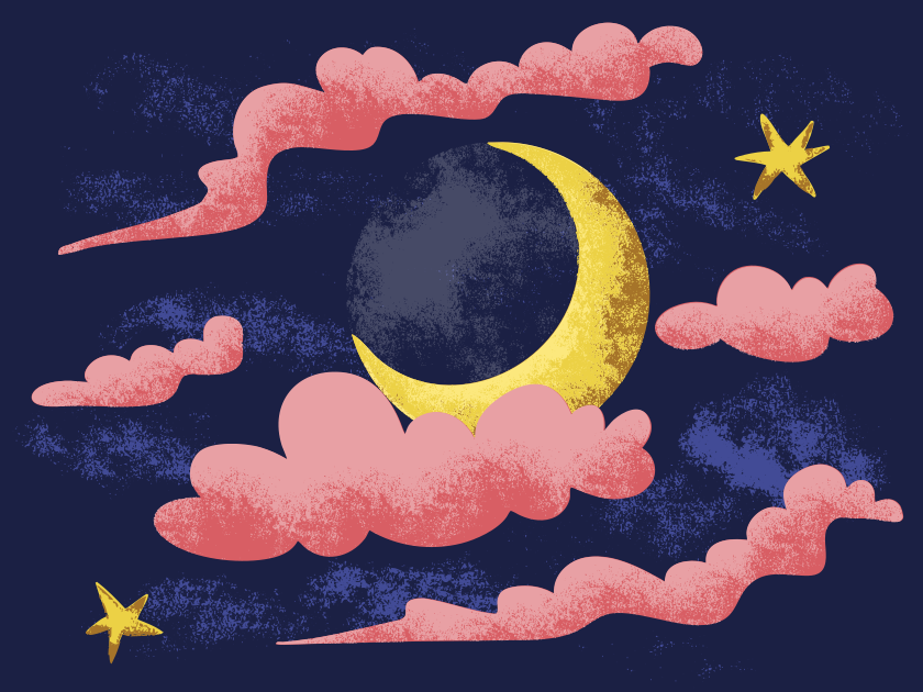 Luna crescente con nuvole rosa e stelle di notte