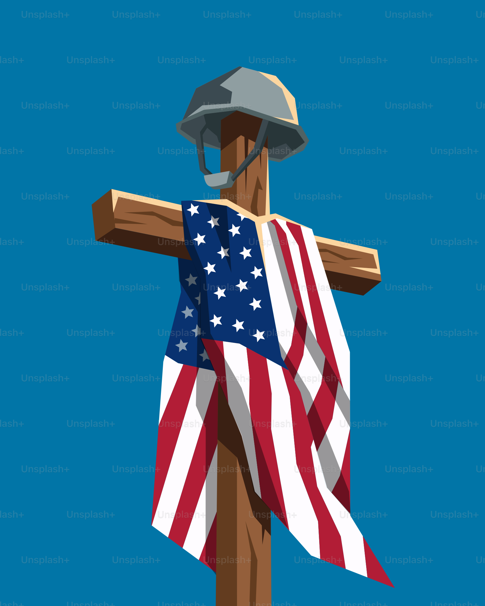 Croix en bois avec drapeau américain et casque