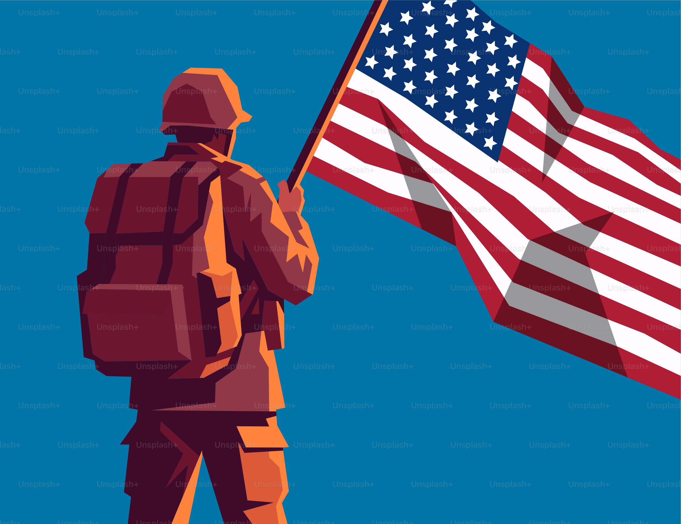 Soldier holding an american flag against a blue sky.