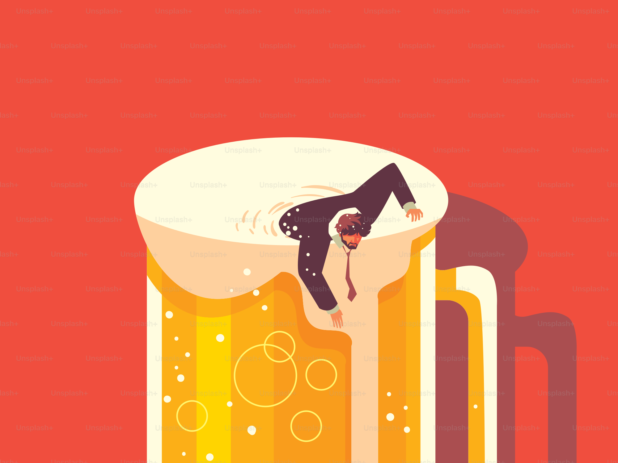 Mann im Anzug, der in einem Krug Bier ertrinkt.