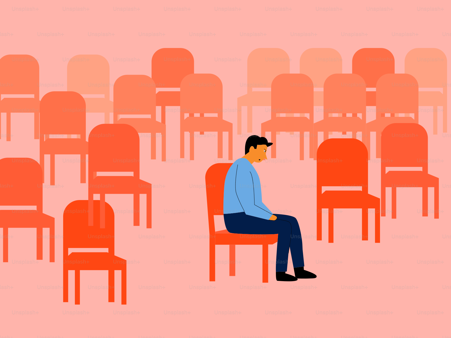 Man sitting alone in a room full of chairs