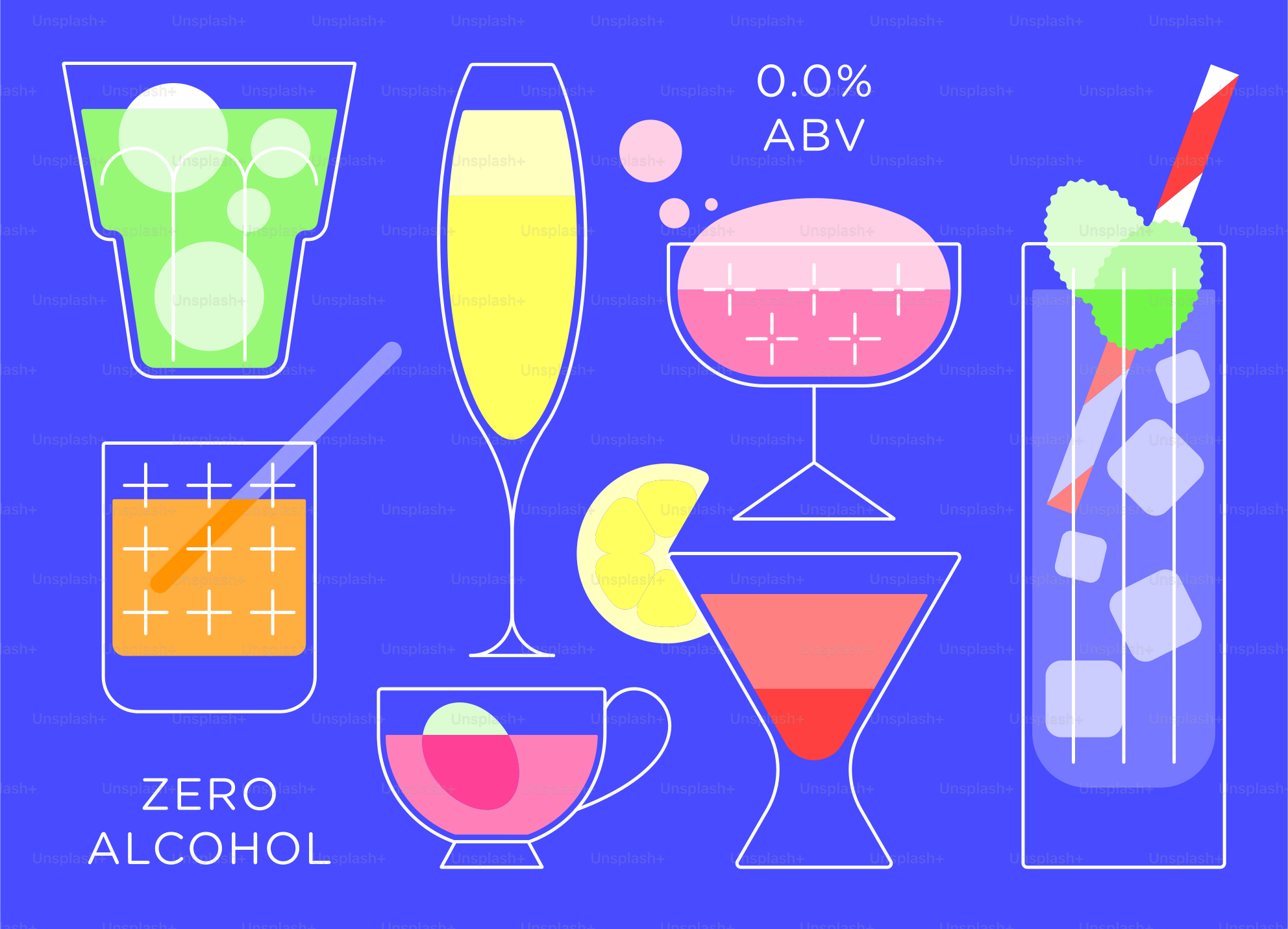 가니시가 달린 다채로운 무알코올 음료 모음