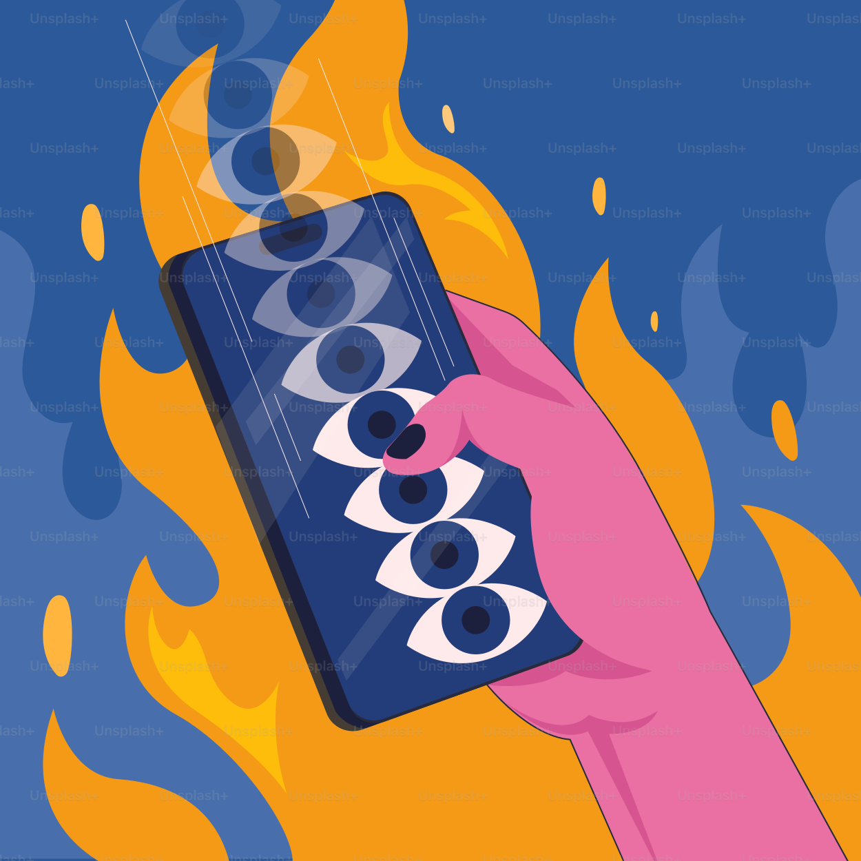 Hand in Hand, Handy haltend, mit brennenden Augen