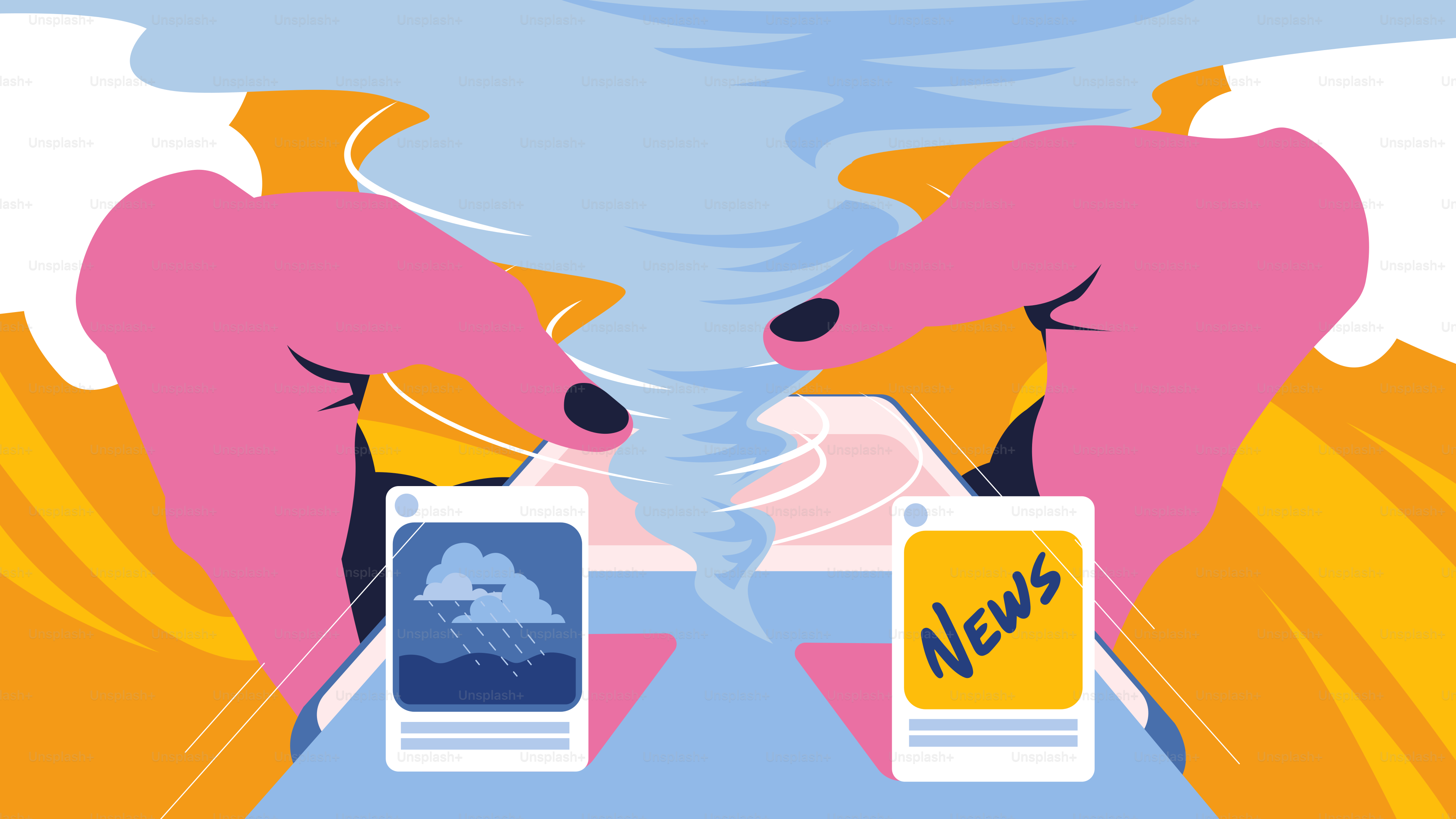 Die Hände halten Handys mit Wetter- und Nachrichtensymbolen.