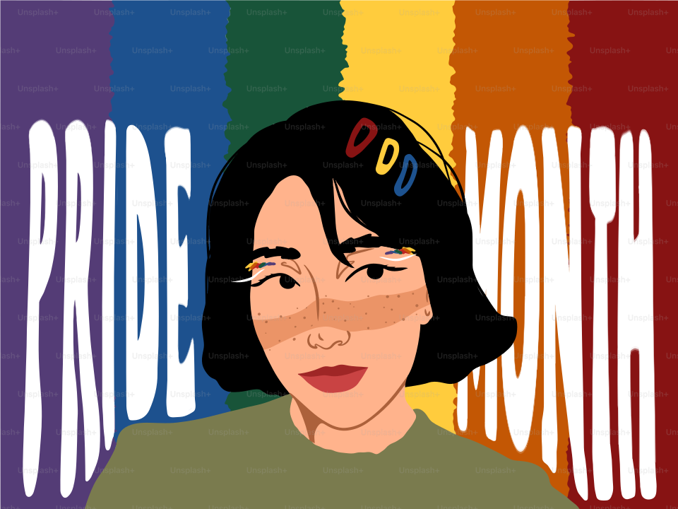 A person with short dark hair and rainbow background.