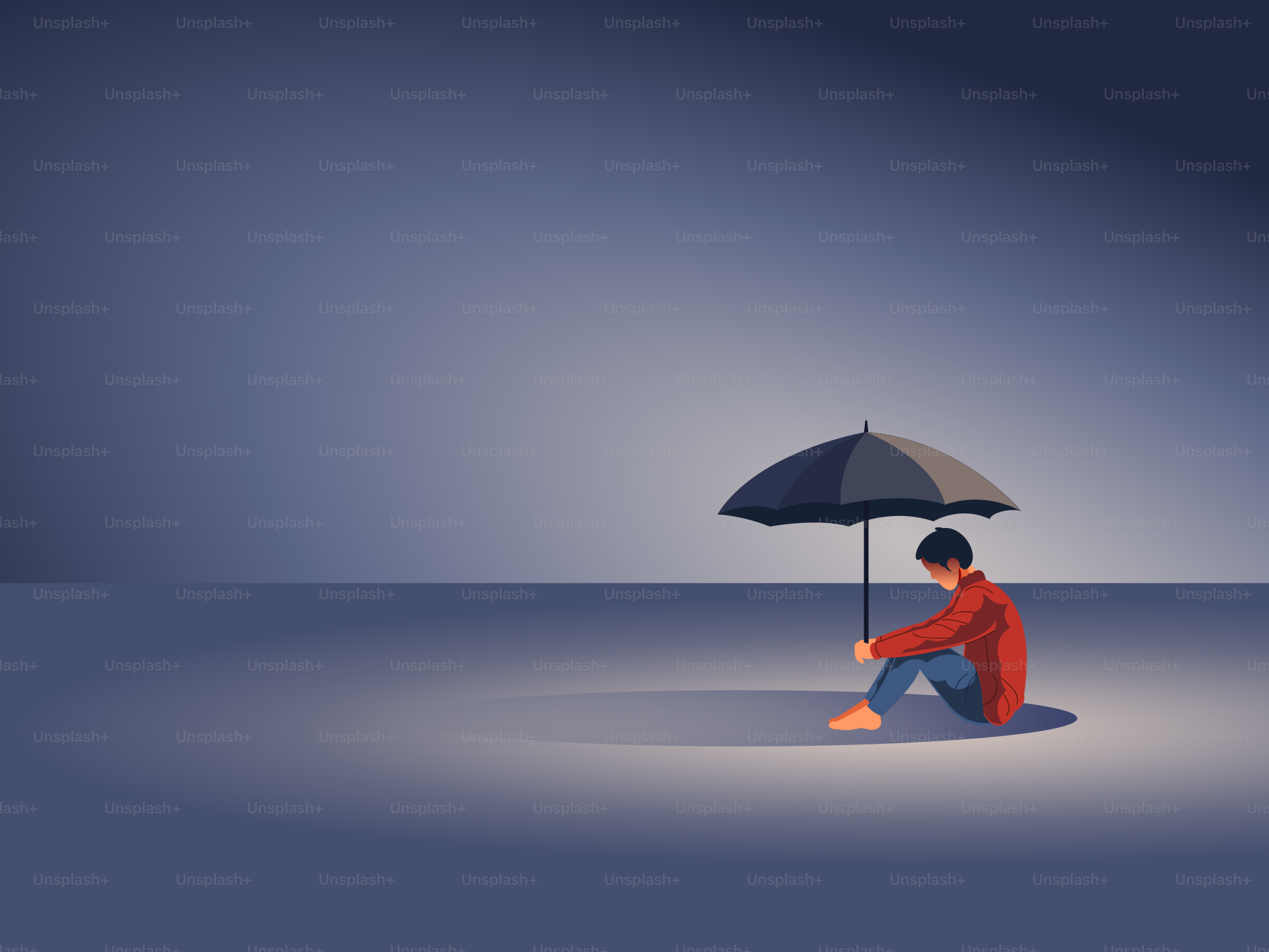 Una persona siede da sola sotto un ombrello.