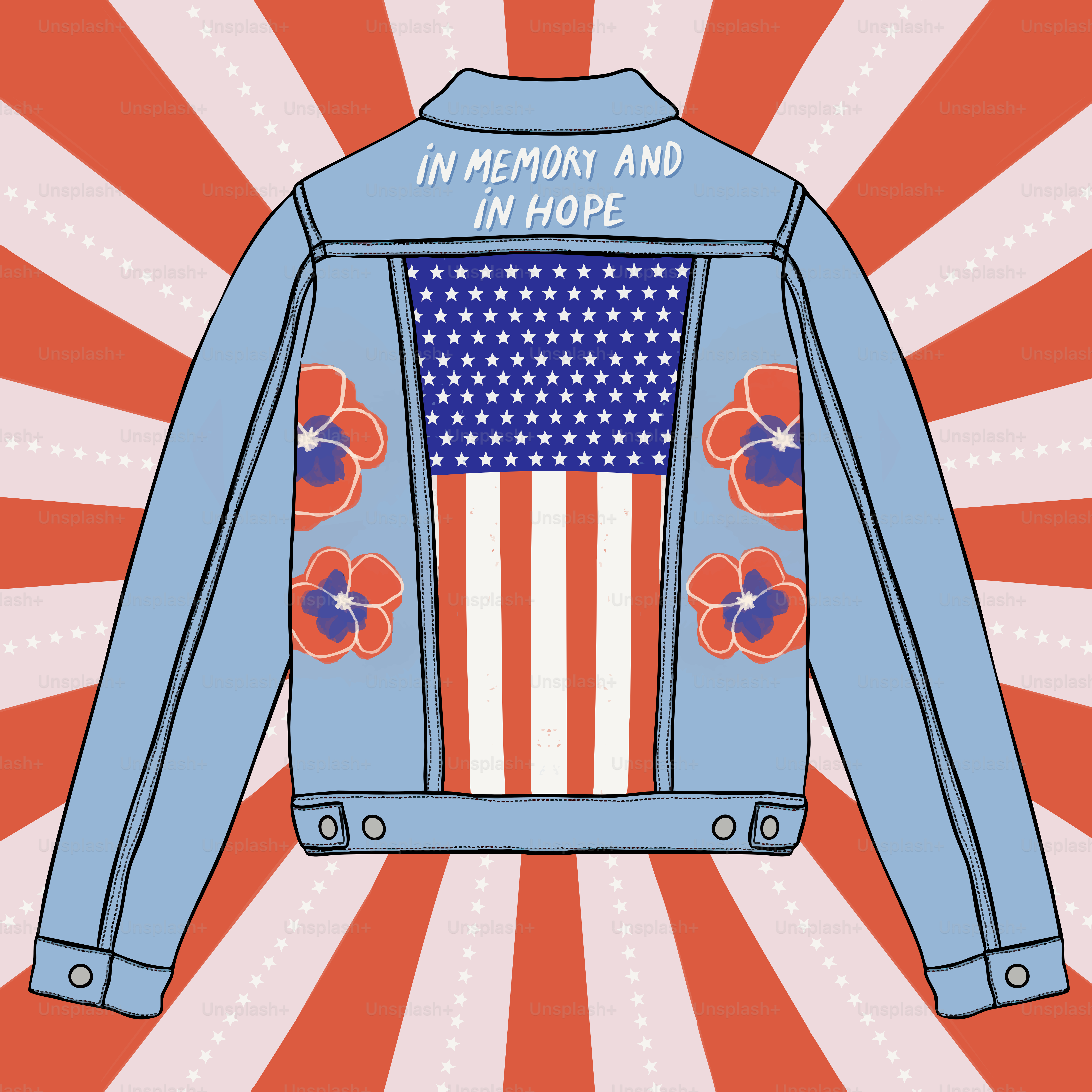 アメリカ国旗とポピー柄のデニムジャケット