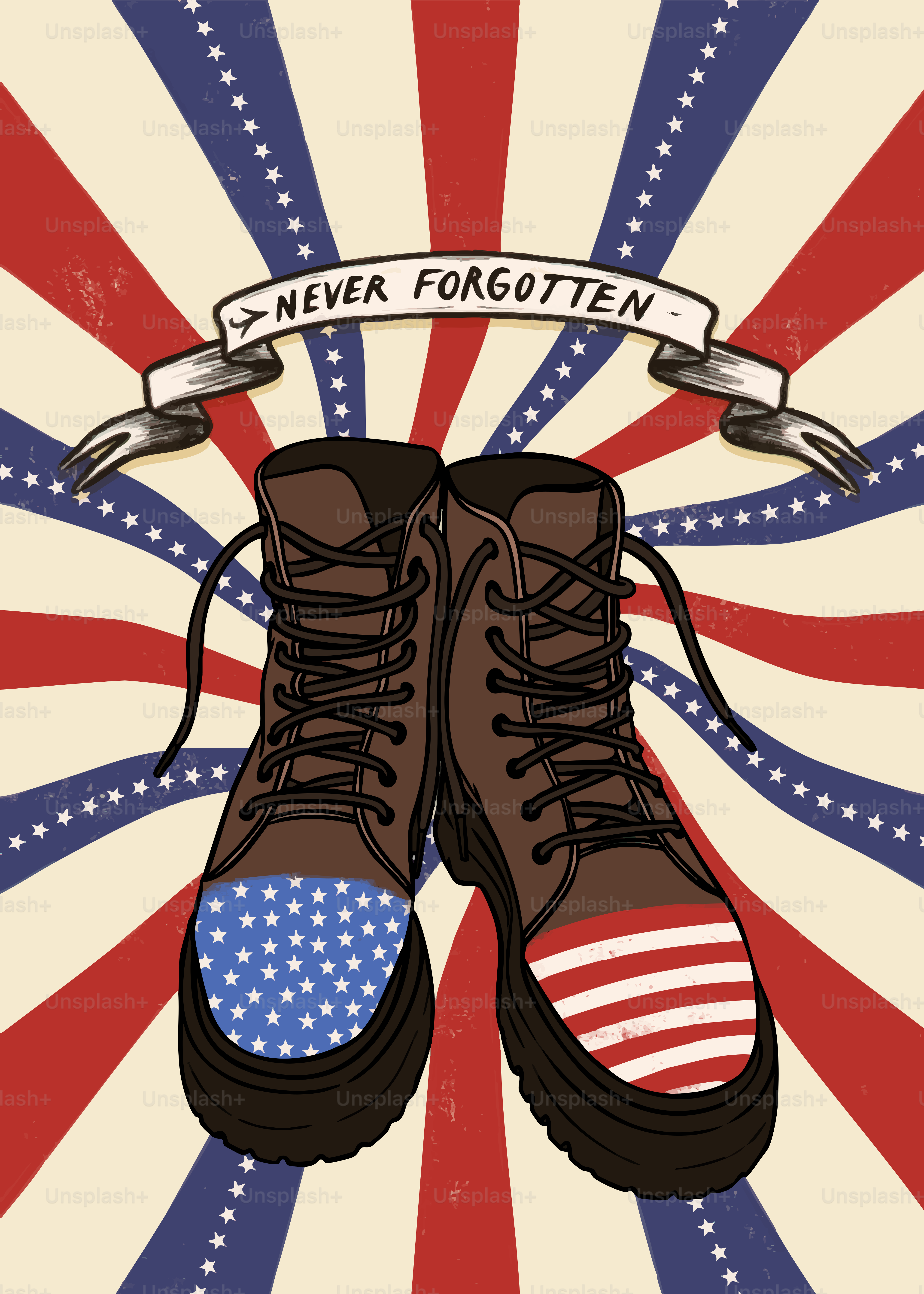 Sepasang sepatu bot dengan desain dan spanduk bendera Amerika.