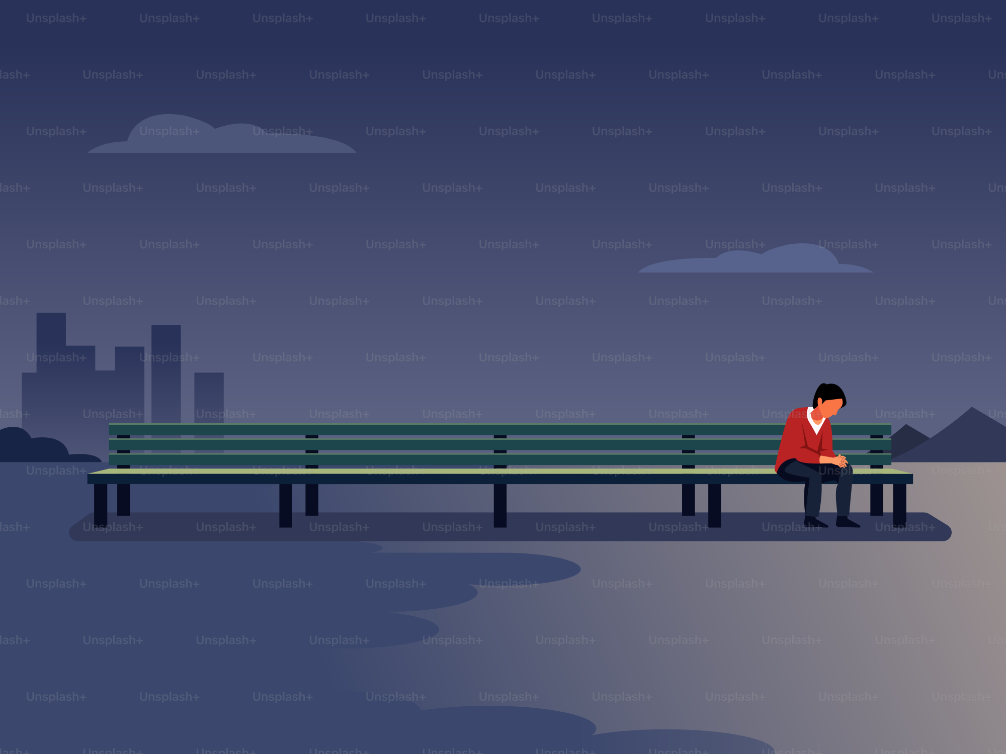 Uomo seduto da solo su una lunga panchina al crepuscolo.