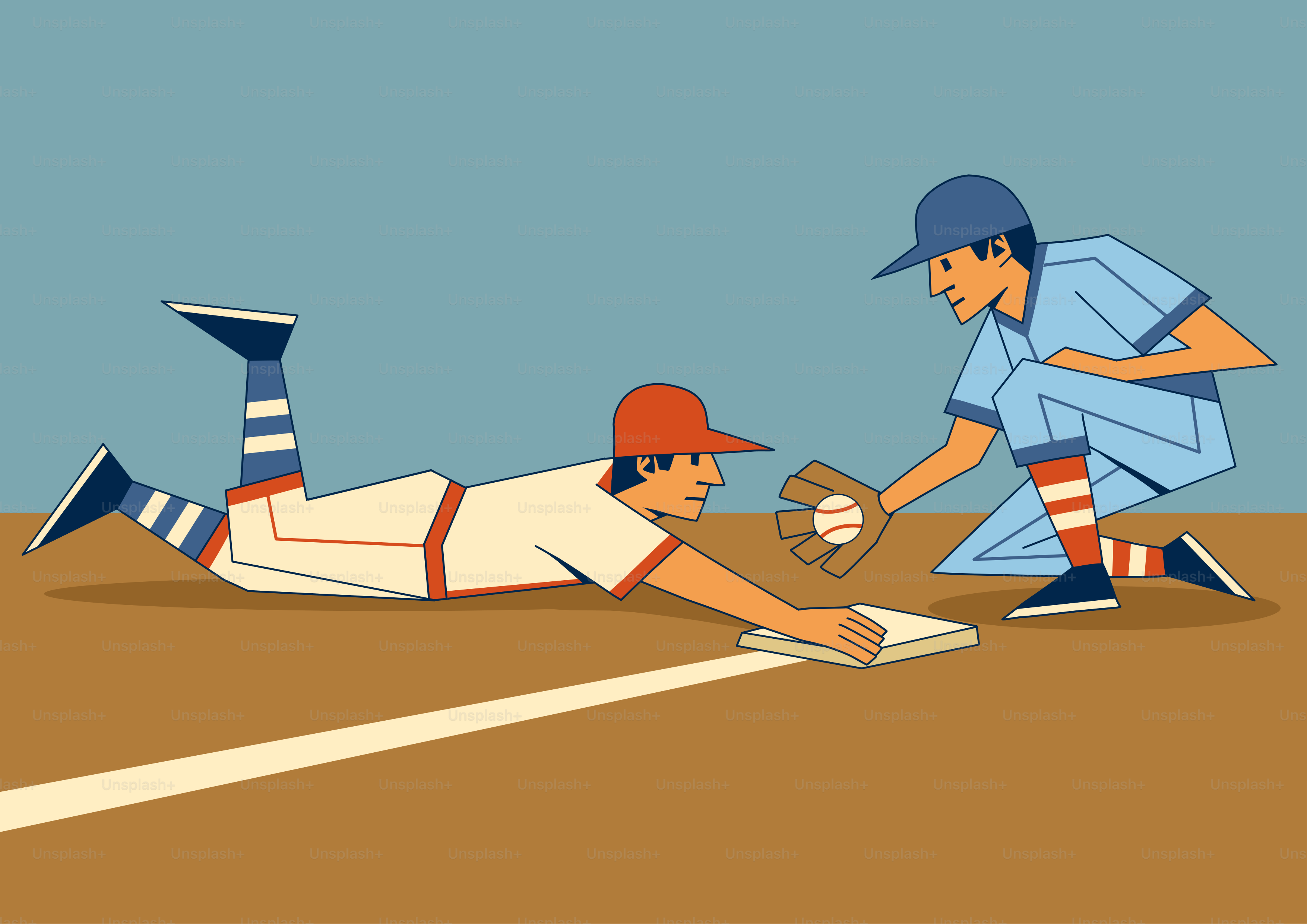 Baseball player sliding into base with catcher reaching hand.