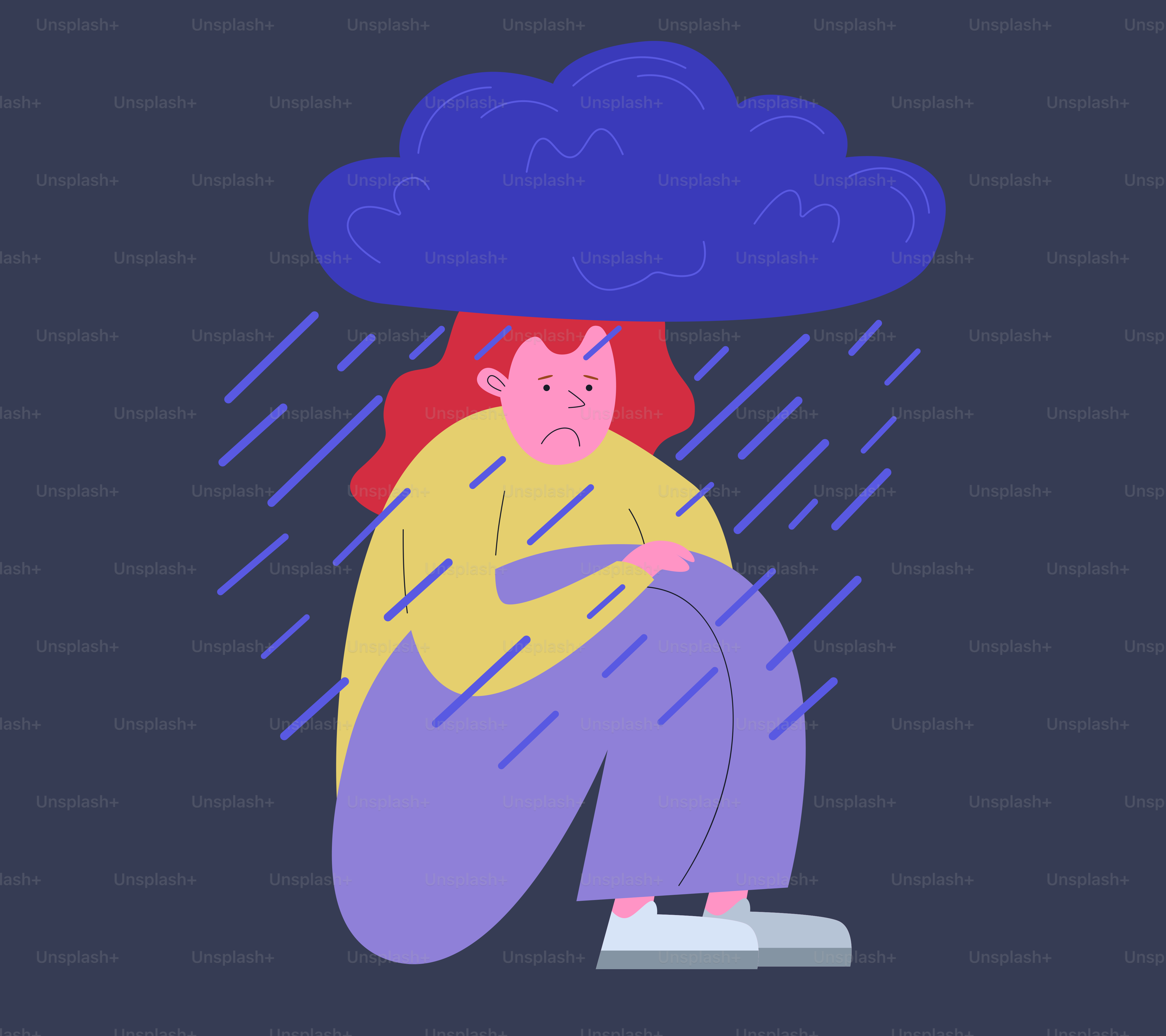 暗い雨雲の下にいる悲しい人。