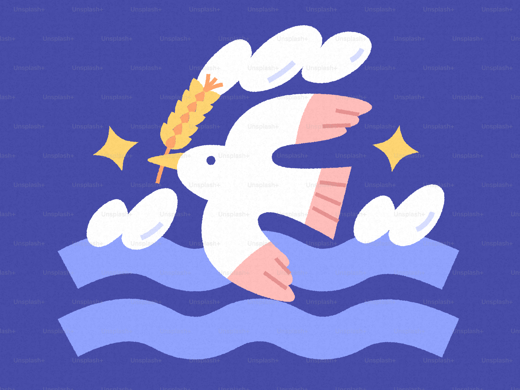 Un uccello bianco porta un gambo di grano sopra onde blu.