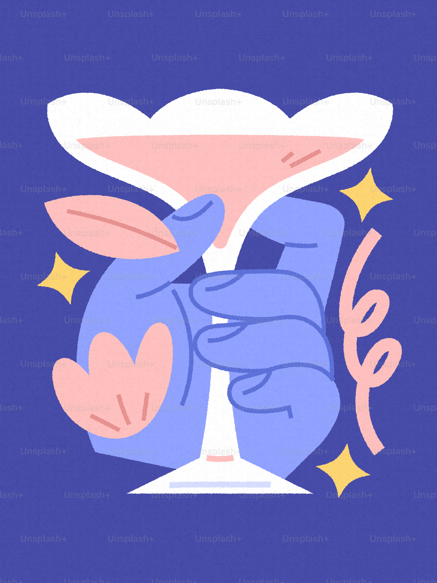 Mano che tiene un cocktail rosa con elementi decorativi